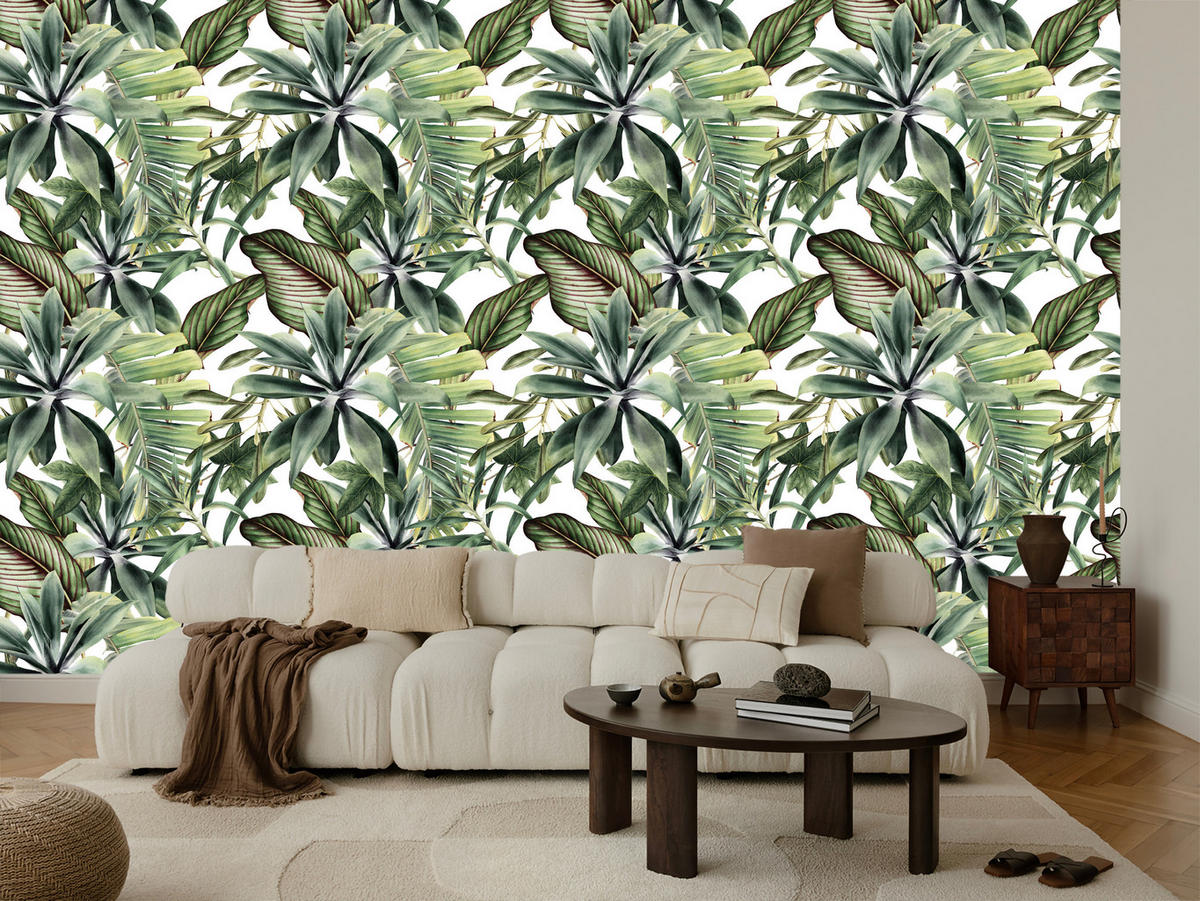 VLIESTAPETE Tropische Bananenblätter – Grün, Weiß – 50x1000 cm - Weiß/Grün, Papier (50/1000cm) - Muralo