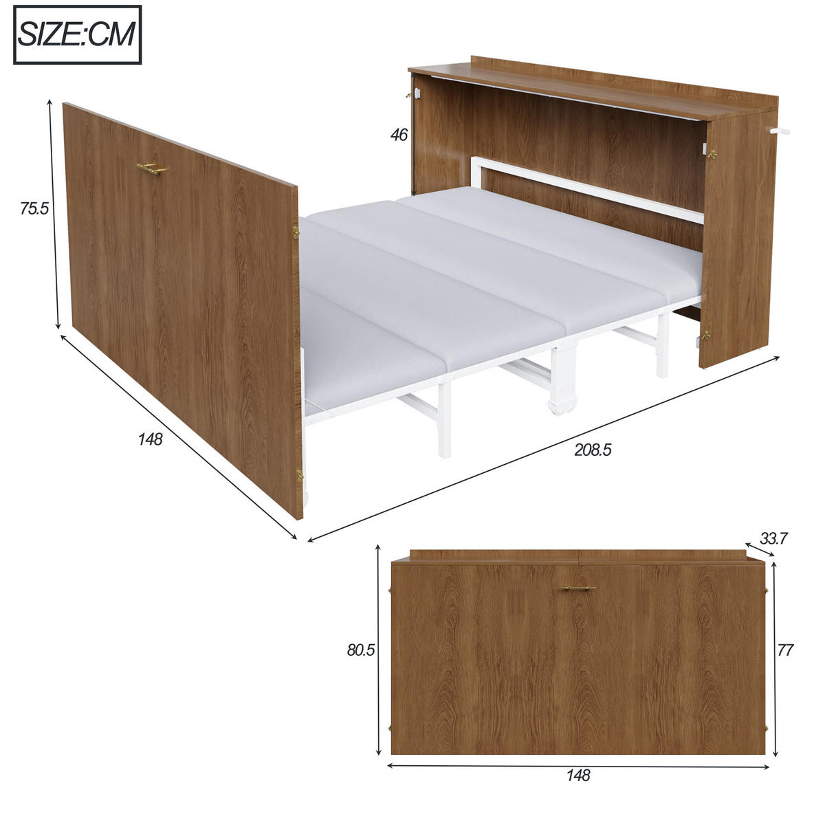 KLAPPBETT 140/200 cm in Holz mit Leinenmatratze und Rollen - Nussbaumfarben, Holzwerkstoff/Textil (140/200cm) - WISHDOR