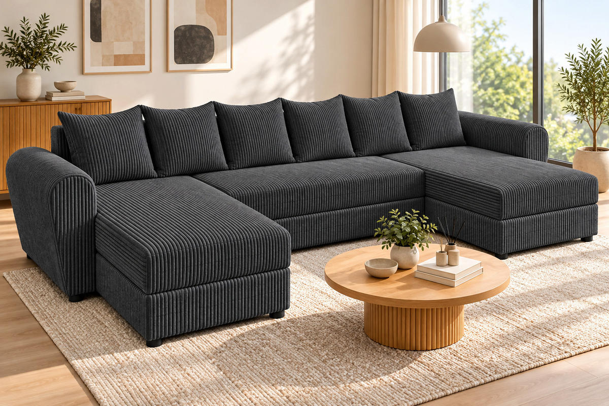 WOHNLANDSCHAFT PUMA U 308 cm – Cord Sofa in U-Form mit Schlaffunktion, Bettkasten und weichem Cordbezug - Anthrazit/Schwarz, Kunststoff (308/85/140cm)