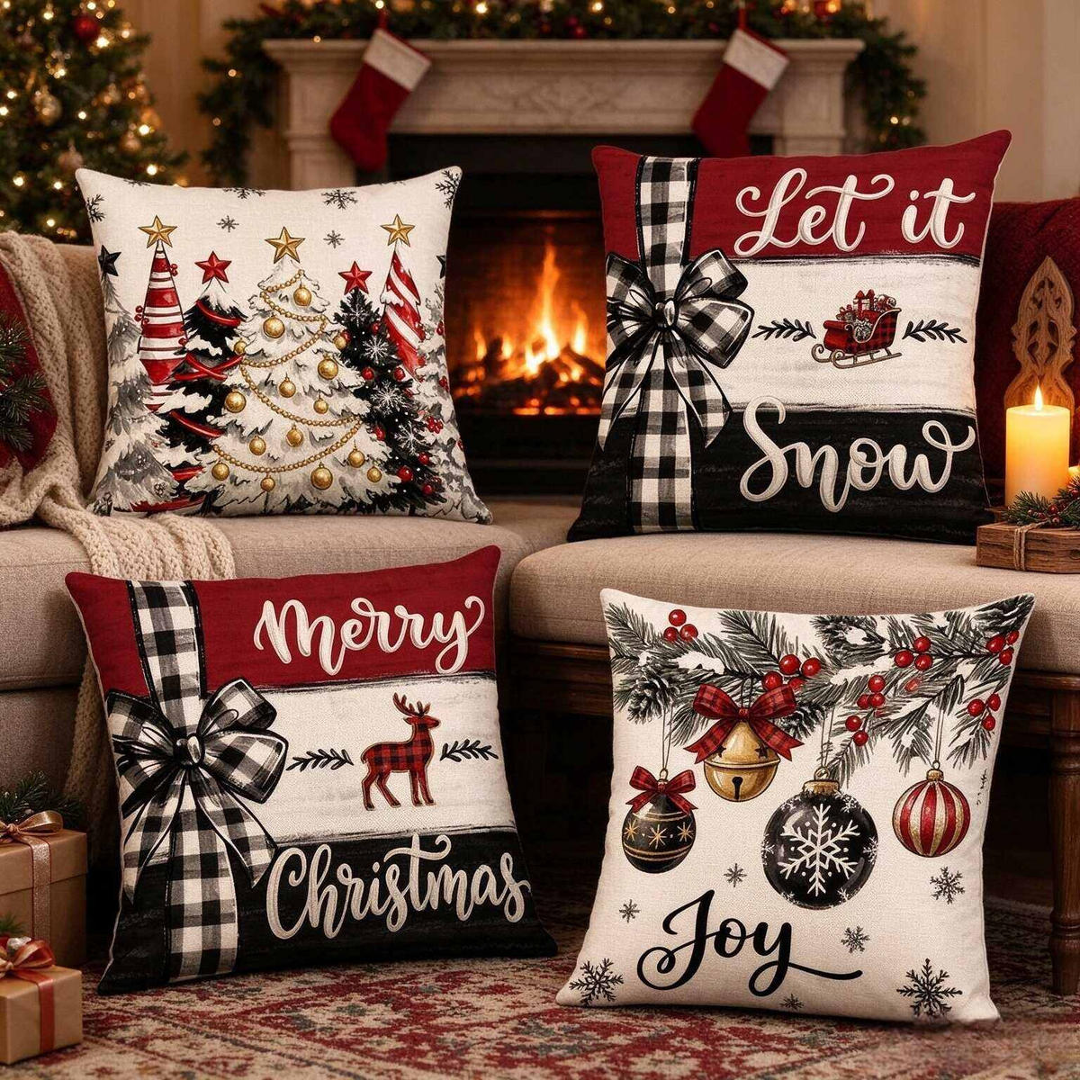 KISSENBEZUG – Weihnachtskissenbezug (Kissenfüllung nicht enthalten) – 45 x 45 cm – Multicolor(vier Stück) - Multicolor, Textil (45/45cm)