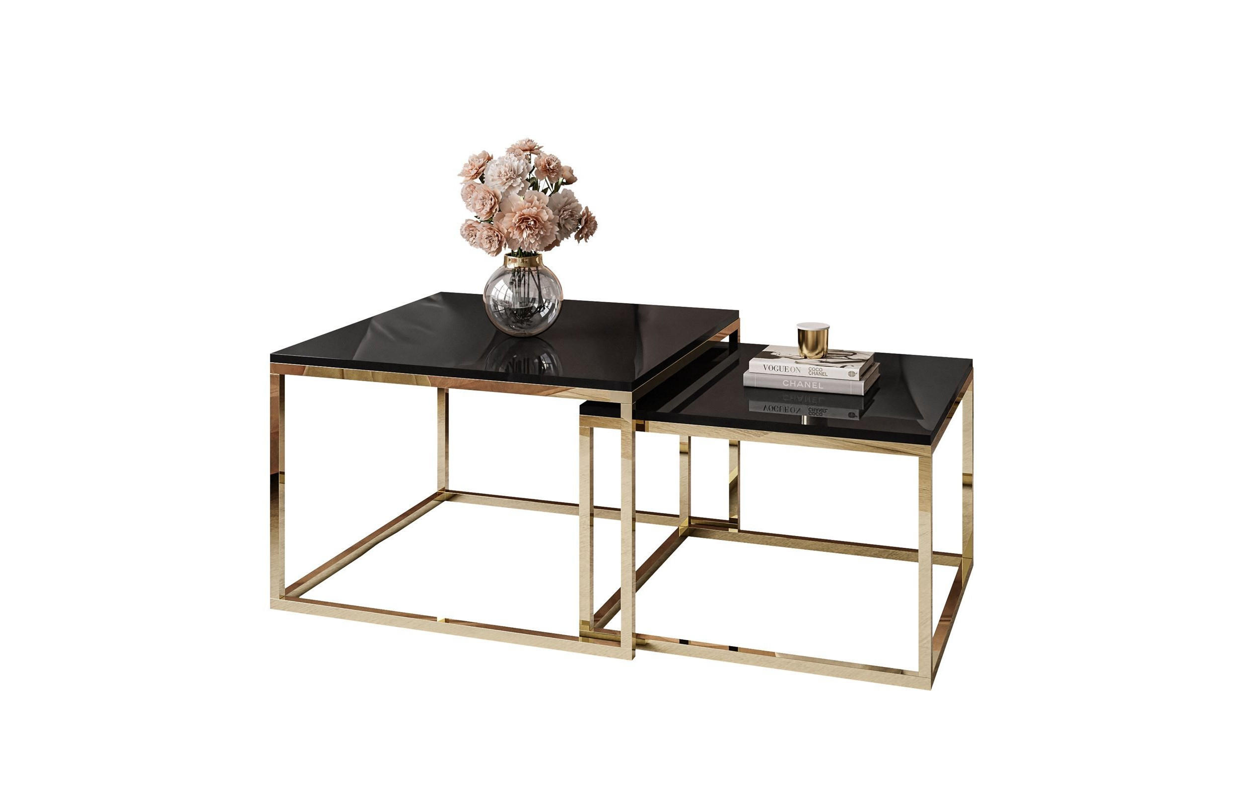 COUCHTISCH YOSHI 2in1 70/70/42 cm Gold Chrom / Schwarz Hochglanz - Schwarz, Holzwerkstoff/Metall (70/70/42cm) - Lookway