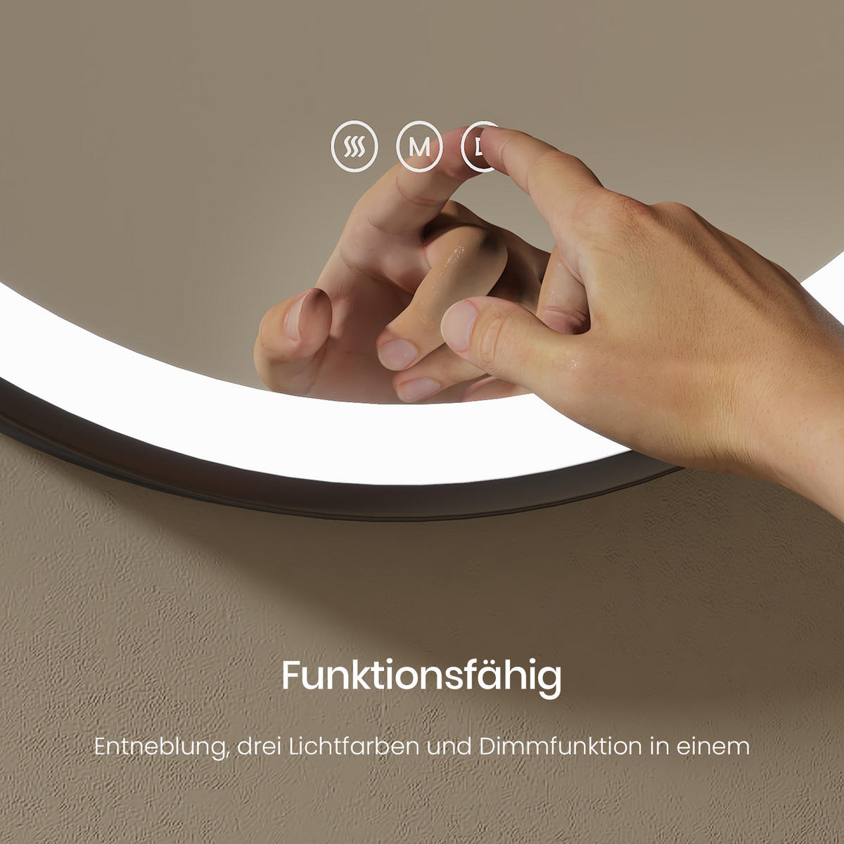 BADSPIEGEL mit Touch-Schalter Beleuchtung mit Hängeriemen Schwarz ф70 cm - Schwarz, Glas (70/3.5/70cm) - EMKE