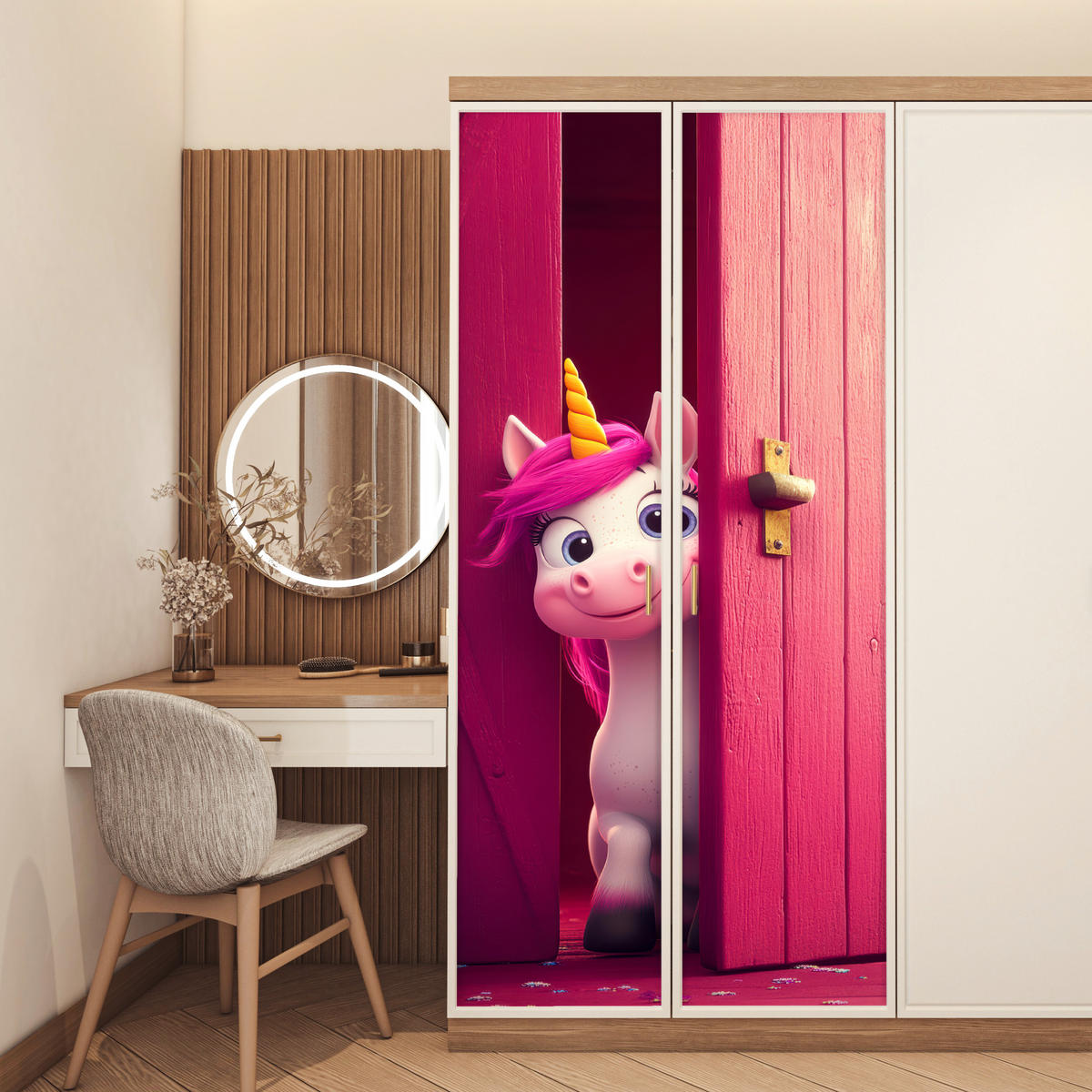 TÜRAUFKLEBER Selbstklebend - Einhorn - Rosa - Tür - Fantasie 95x215 cm - Türtapete - Pink, Kunststoff (95/0.1cm) - MuchoWow