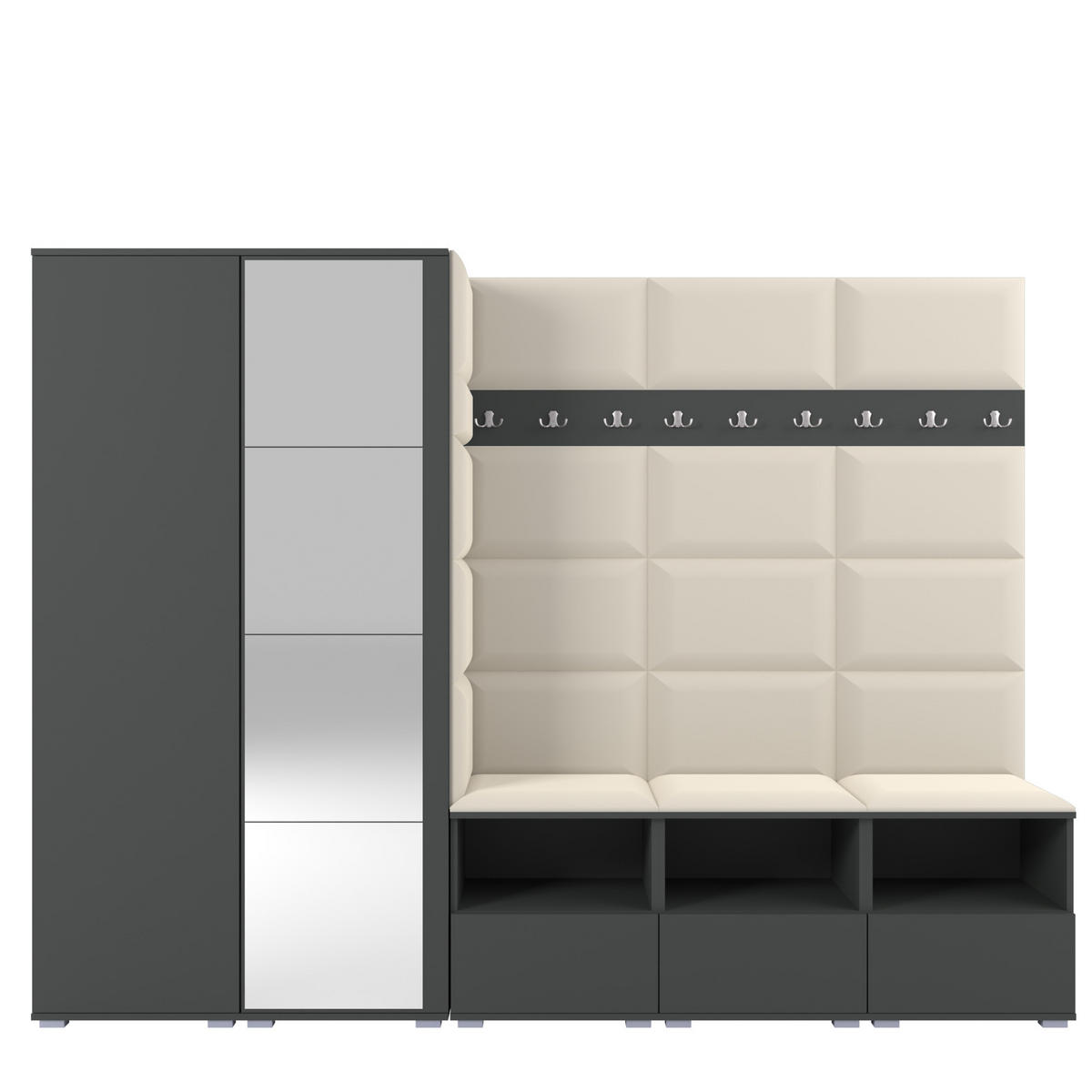 GARDEROBE NELA VII 250 cm (Modulare Flurmöbel XL Graphit mit Spiegel & Sitzpolster Creme 01 Universell) - Silberfarben/Creme, Holz/Holzwerkstoff (250/187/40cm) - Ravio
