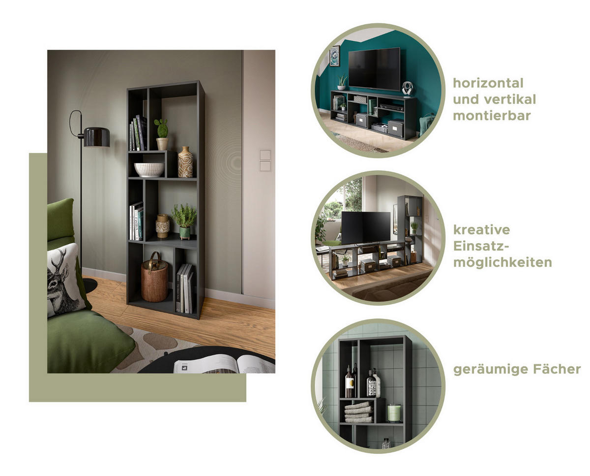 REGAL grau 159 x 54 cm, Standregal mit 7 Fächern - Schwarz/Grau, Holzwerkstoff/Kunststoff (159/159/28cm) - Inn.Furn