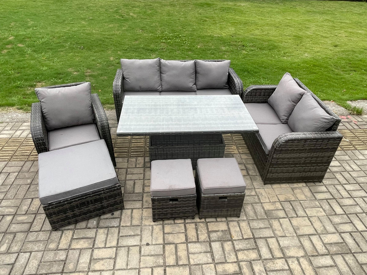 GARTENMÖBEL SET mit Höhenverstellbarer Esstisch 3-Sitzer Sofa, Stuhl 9-Sitzer Grau - Dunkelgrau/Grau, Glas/Kunststoff - Fimous