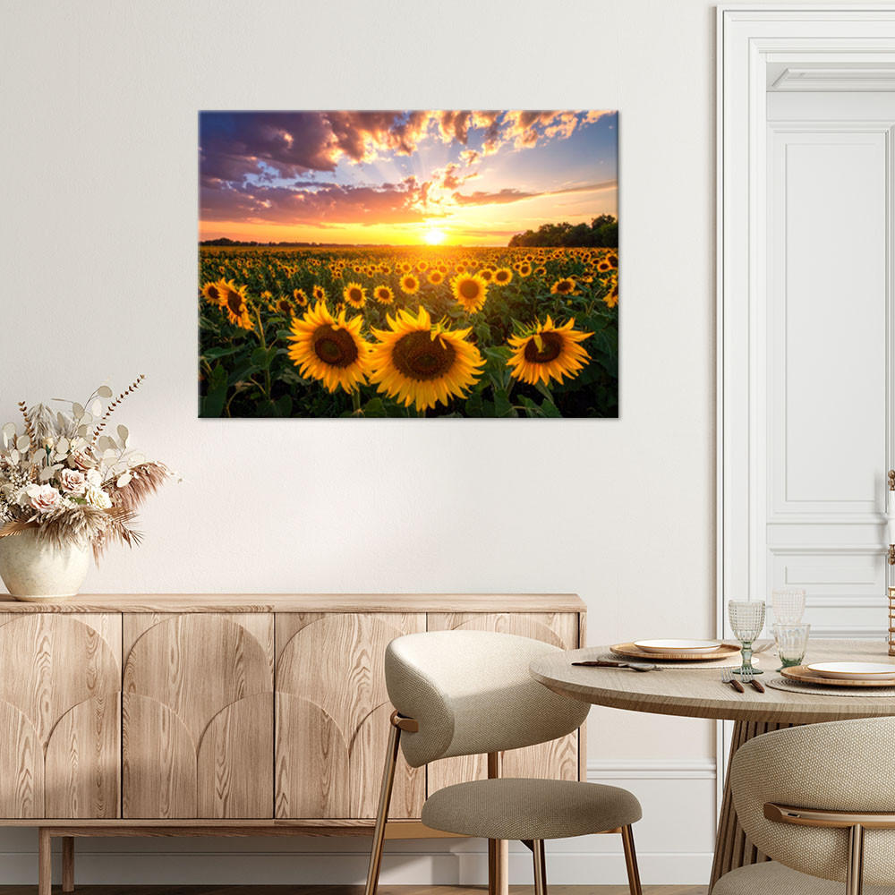 LEINWANDBILD Sonnenblumenfeld Sonnenuntergang 100x70cm - Gelb, Textil (100/70cm) - Feeby