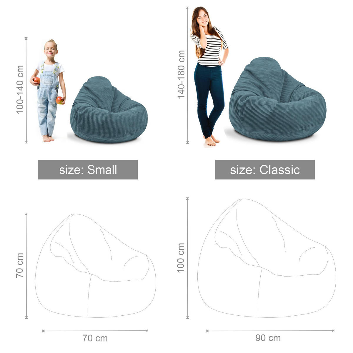 SITZSACK PARADISE MIT FUßSTÜTZE Kordsamt 2-tlg Ocean Depths S - Blau/Dunkelblau, Textil (70/70/70cm) - Dreamroots