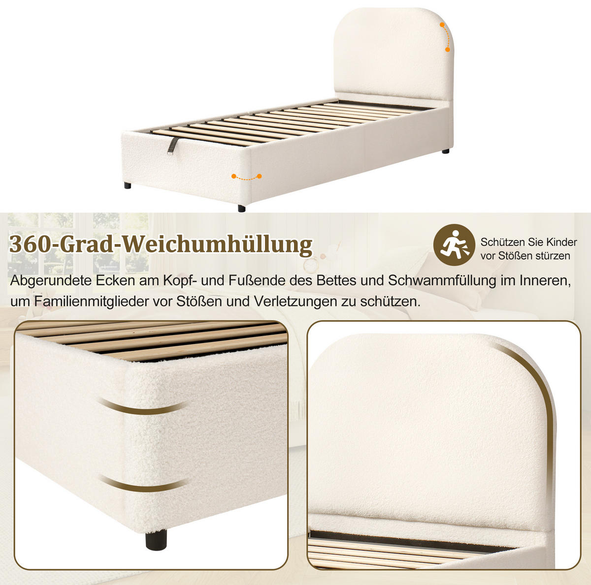POLSTERBETT 90/200 cm Beige aus Bouclé mit Stauraum und Lattenrost - Beige, Holzwerkstoff (90/200cm) - OKWISH