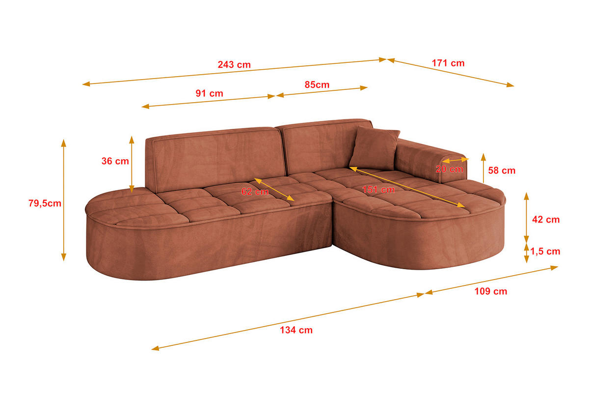 ECKSOFA Ottomane Rechts TARO-L1 - 243x171x79,5 cm Apricot - Koralle, Holzwerkstoff/Textil (243/171cm) - ALTDECOR