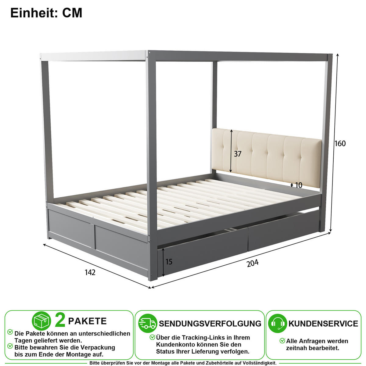 KINDERBETT 140/200 cm in Grau mit 2 Schubladen und Zeltdesign - Grau, Holz/Holzwerkstoff (140/200cm) - CHICFURN
