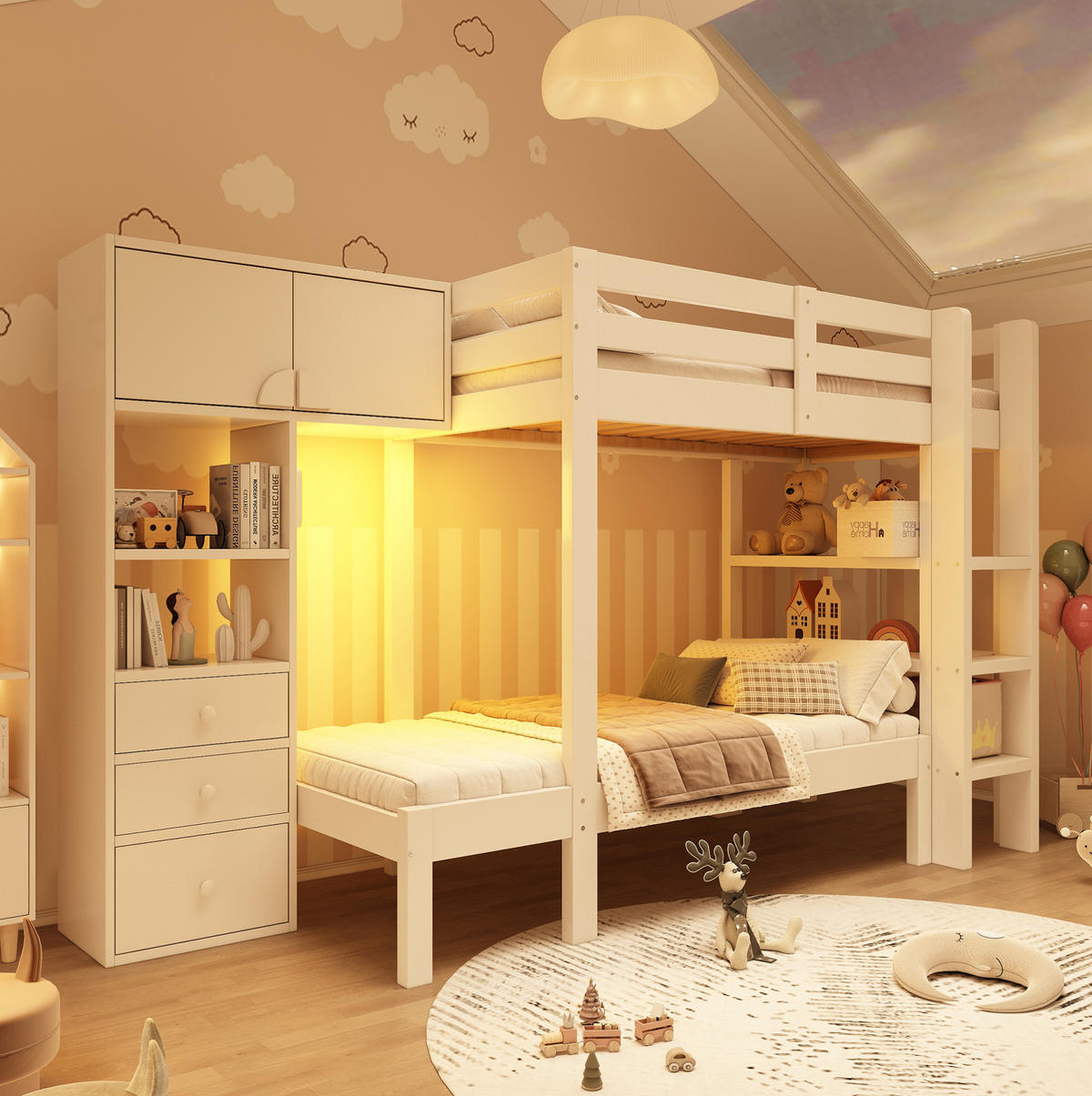 ETAGENBETT 90/200 cm in Weiß mit Stauraum, LED-Nachtlicht und Regal - Weiß, Metall (90/200cm) - OKMYHOME