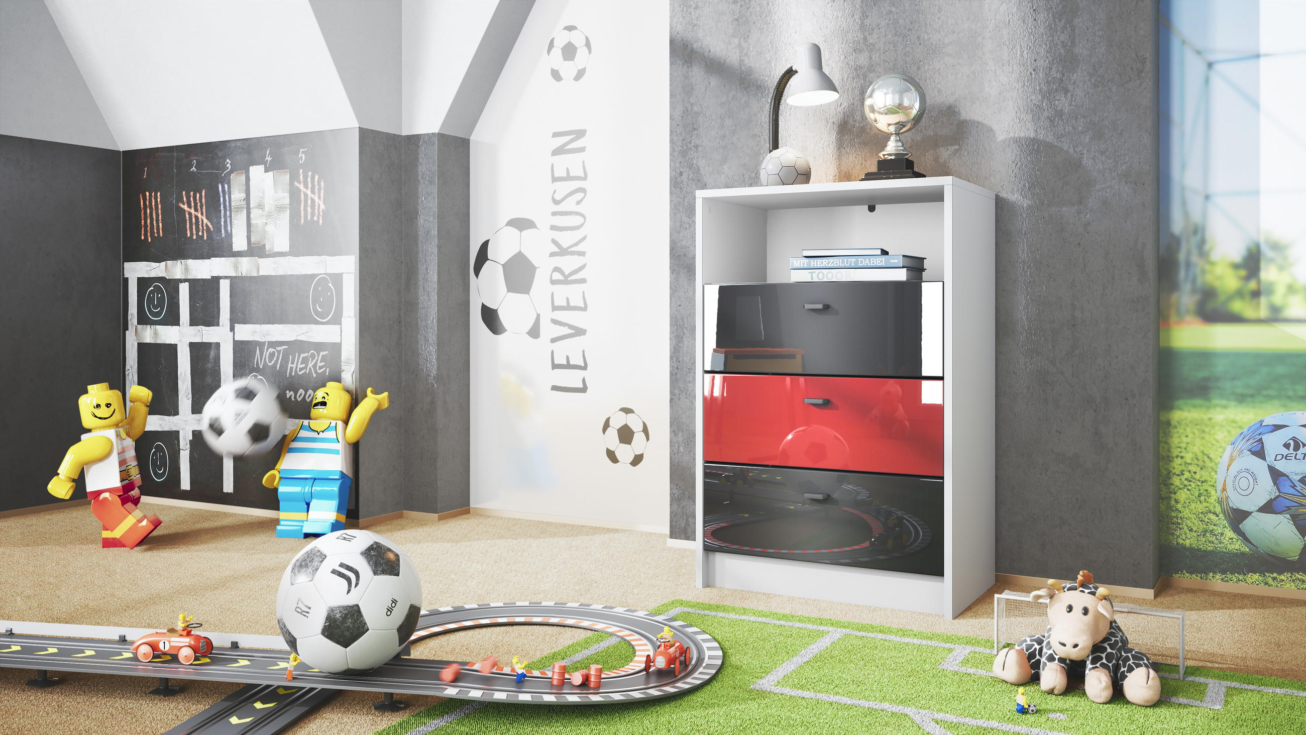 KOMMODE Pino Fronten Schwarz, Rot & Schwarz - Schwarz, Holzwerkstoff (56/86/36cm) - Vladon