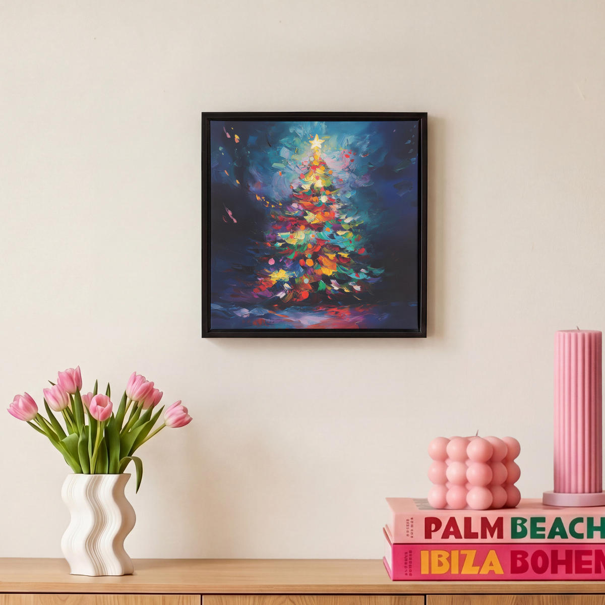 LEINWAND Bilder mit Rahmen - Weihnachtsbaum - Weihnachten - Abstrakt - Farbenfroh - 20x20 - Multicolor, Textil (20/20cm) - MuchoWow