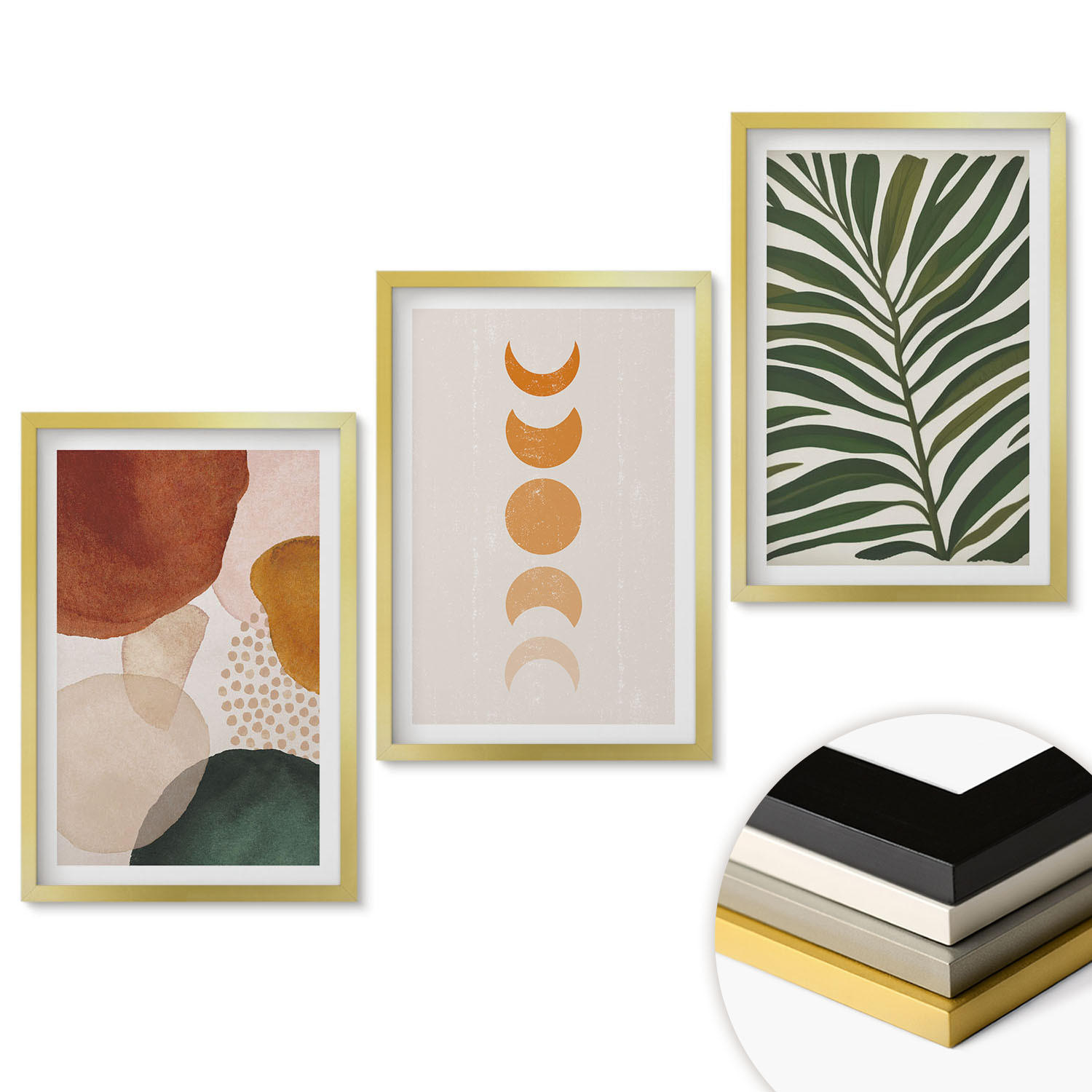 WANDBILDER 3er Set - 40x60 cm Goldrahmen - Abstrakte Blattformen - Goldfarben, Kunststoff (40/60cm) - ArtPrintCave