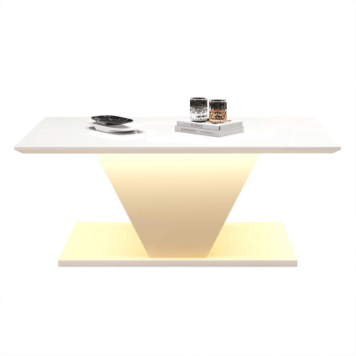 COUCHTISCH 100/50/46 cm V-Form mit LED-Beleuchtung hochglänzend weiß - Weiß, Holzwerkstoff (100/50/46cm) - OKWISH