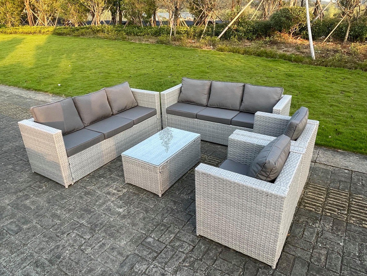GARTENSOFA SET mit Couchtisch Polyrattan Helles Grau 8-Sitzer - Hellgrau, Metall - Fimous