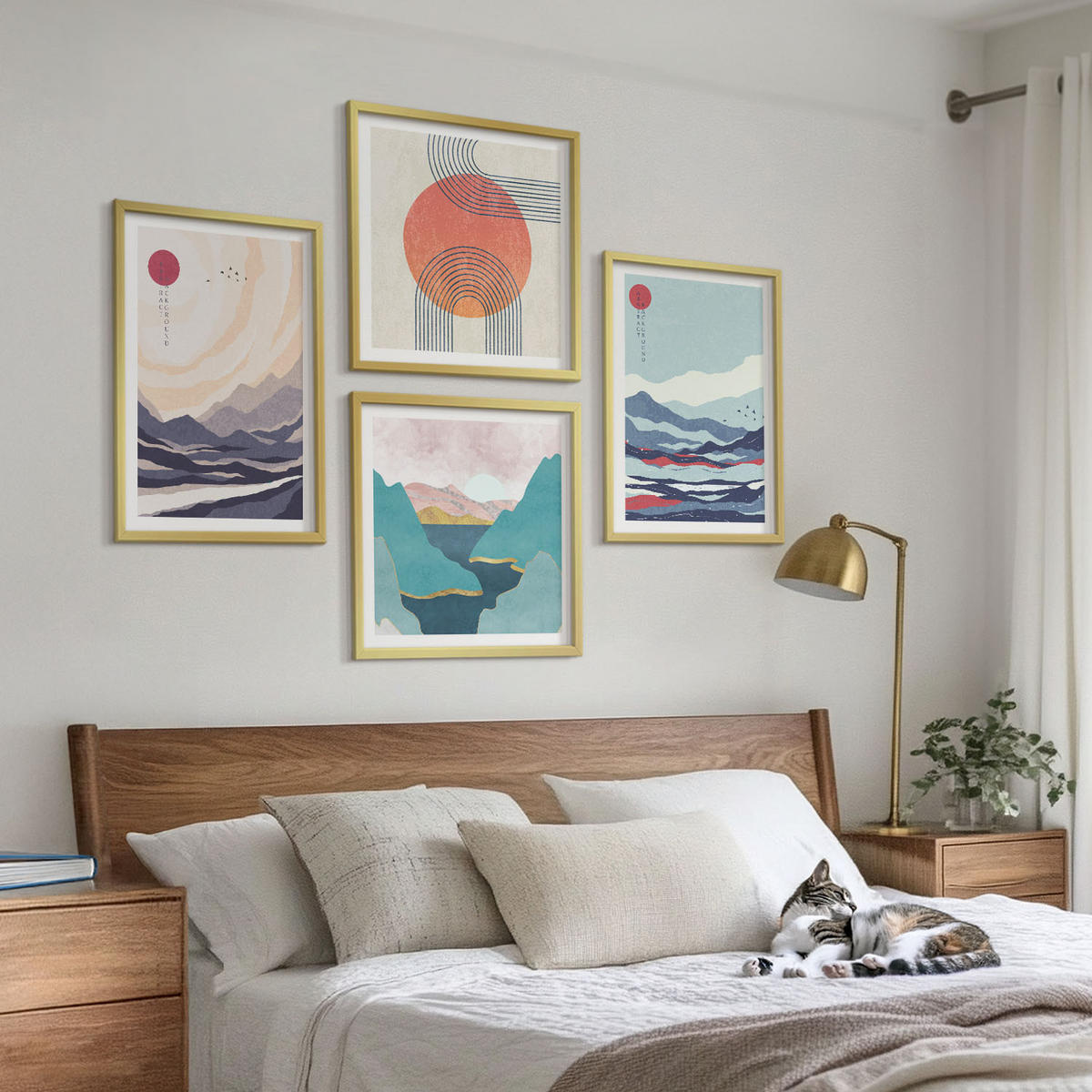 BILDER SET 4er Set - 50x50 cm & 40x60 cm Goldrahmen - Japanische Berglandschaften - Goldfarben, Kunststoff (50/50cm) - TULUP