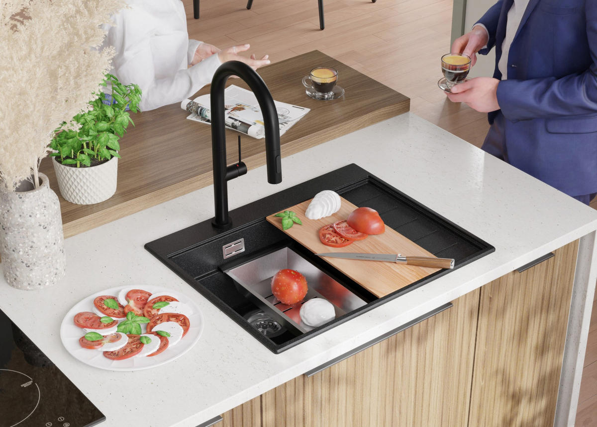 SPÜLBECKEN Sydney, 2-er set Anthrazit 62/50 cm 1 Becken + Ablauf-Set + Küchenzubehörset ab 40er Unterschrank - Chromfarben/Anthrazit, Kunststoff (62/20/50cm) - Primagran