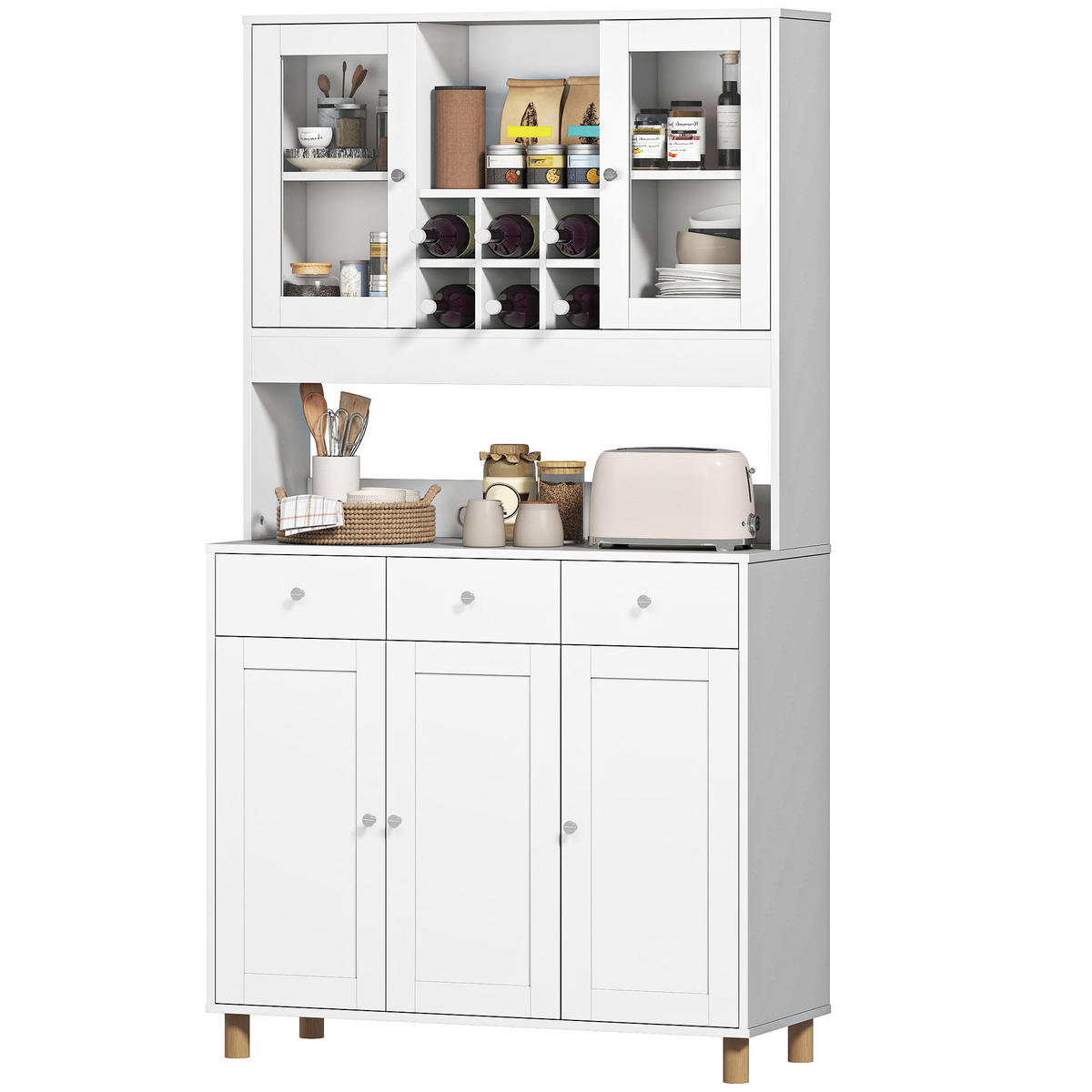 BUFFET DE-08697 180 cm mit Glastüren & Weinregal Weiß - Weiß, Holzwerkstoff (40/180/100cm) - ComfortXL