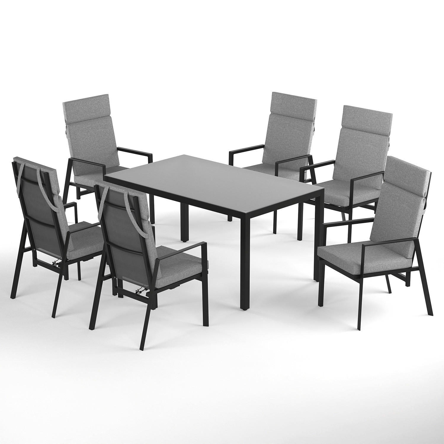 GARTENESSGRUPPE - 7-teilig - Aluminium / Polyester - Anthrazit / Grau - Anthrazit, Glas/Textil - home24