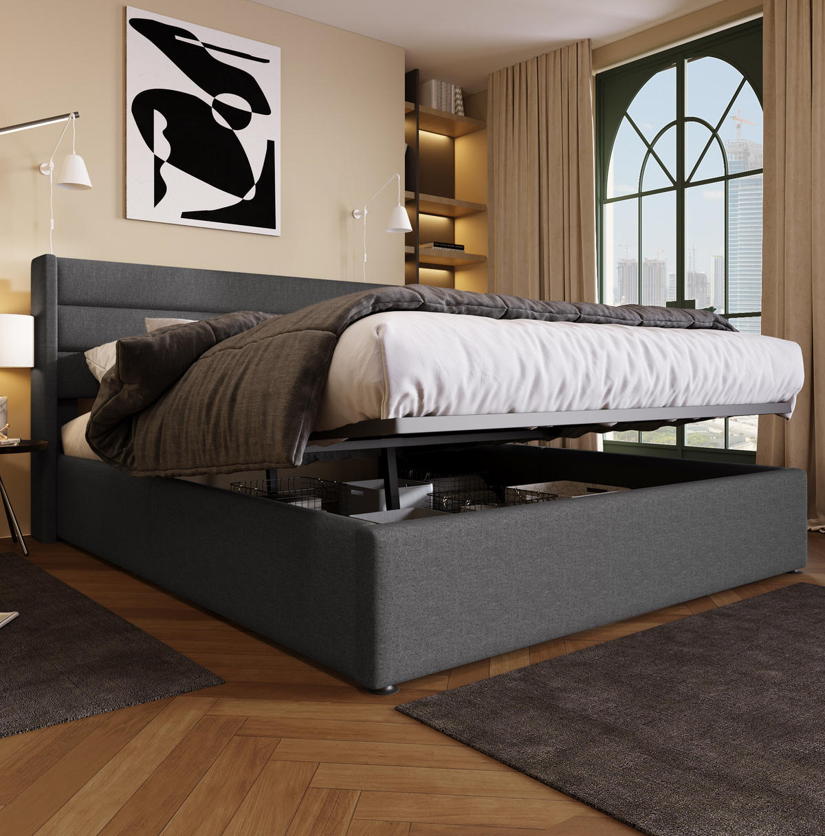 POLSTERBETT mit Bettkasten und Lattenrost 140x200 cm Leinen Grau - Grau, Metall (140/200cm) - Beauniv