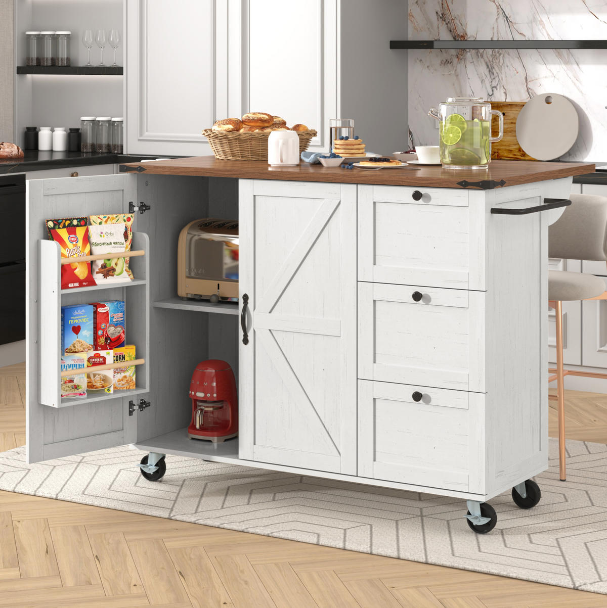 KÜCHENINSEL 140/45/92,5 cm beige mit klappbarer Arbeitsplatte - Weiß, Holzwerkstoff (140/92.5/73cm) - OKWISH