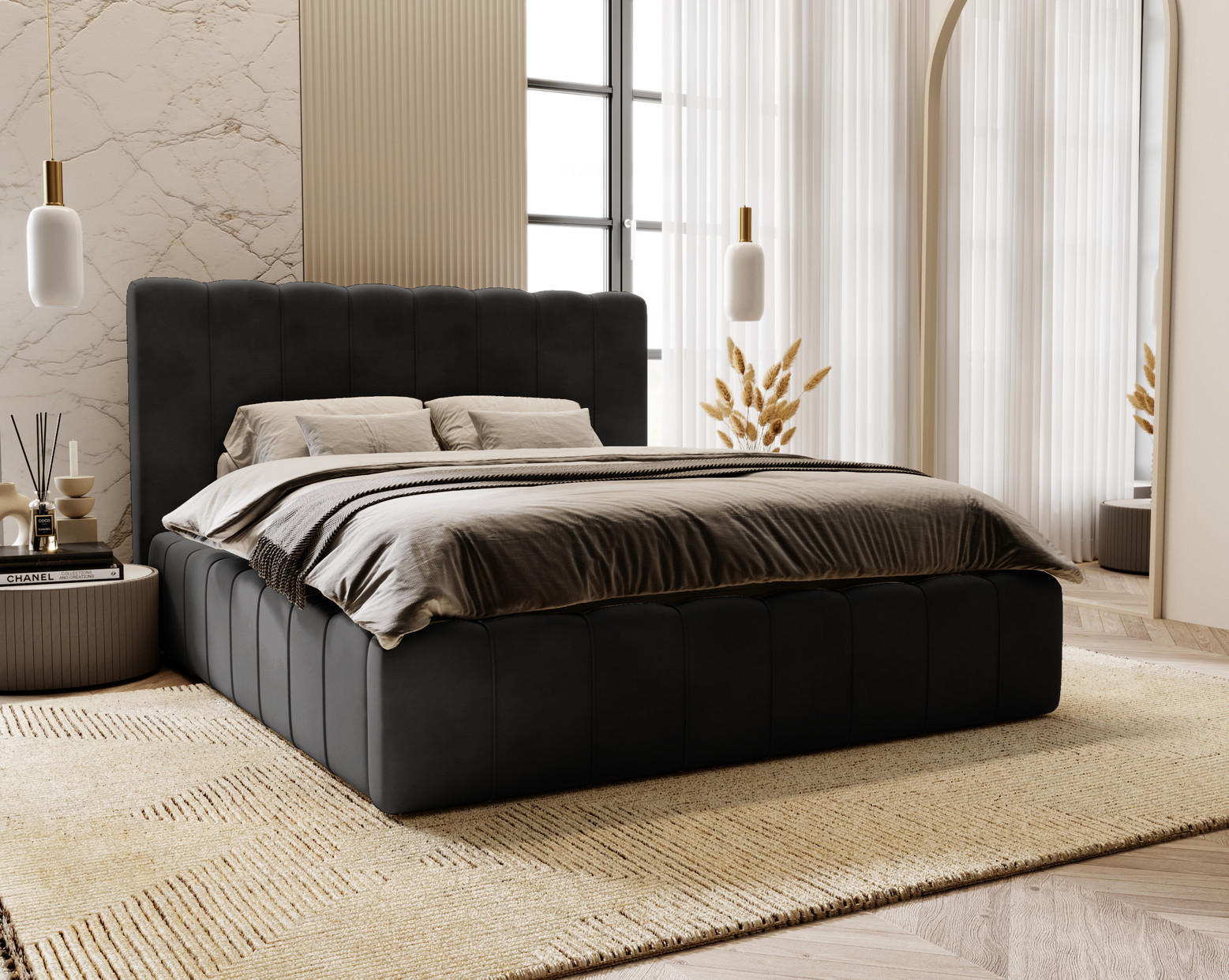 DOPPELBETT mit Bettkasten 200x200 Porto, Lattenrost, Schwarz - Schwarz, Holz/Textil (200/200cm) - Emporius