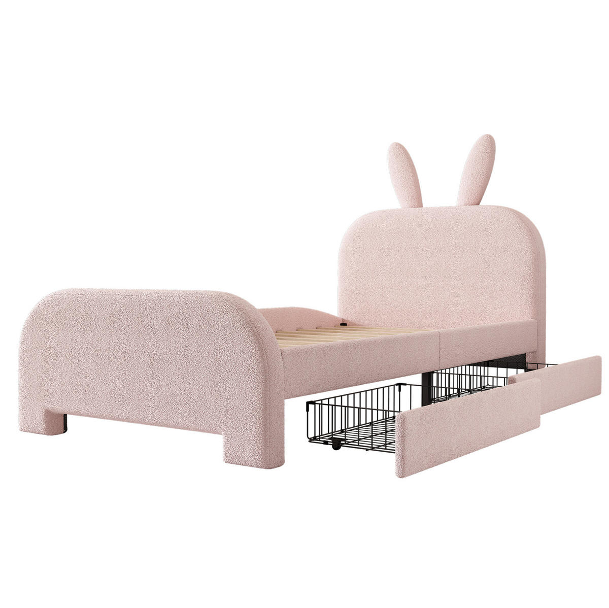 KINDERBETT Kindereinzelbetten 90/200 cm mit 2 Schubladen, gepolstertem Kaninchen-Kopfteil und MDF-Gestell, Rosa - Rosa, Textil (90/200cm) - Redom