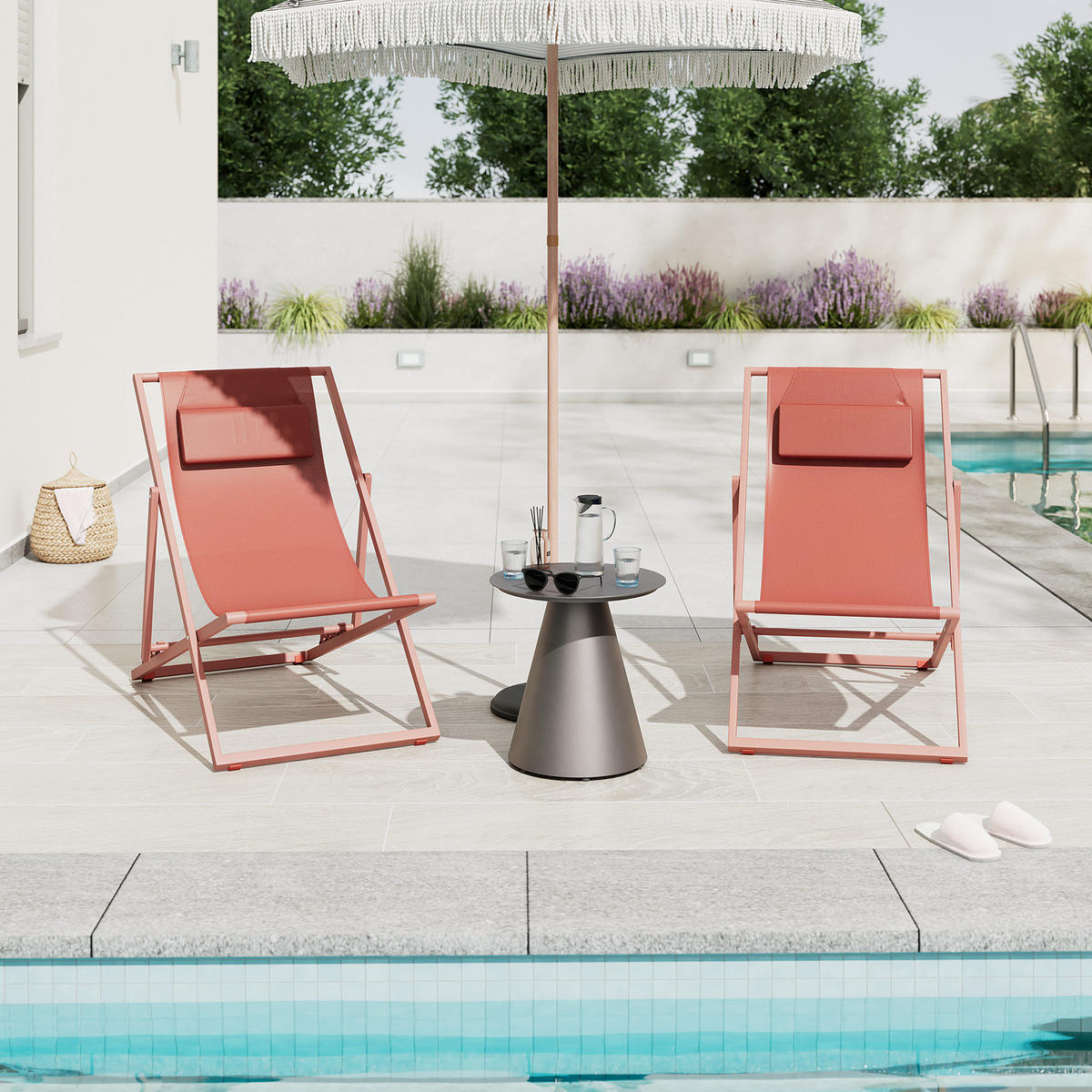 LIEGESTUHL - Stahl / Polyrattan - 2er-Set - Terracotta, Textil/Metall (63/93/104cm) - home24