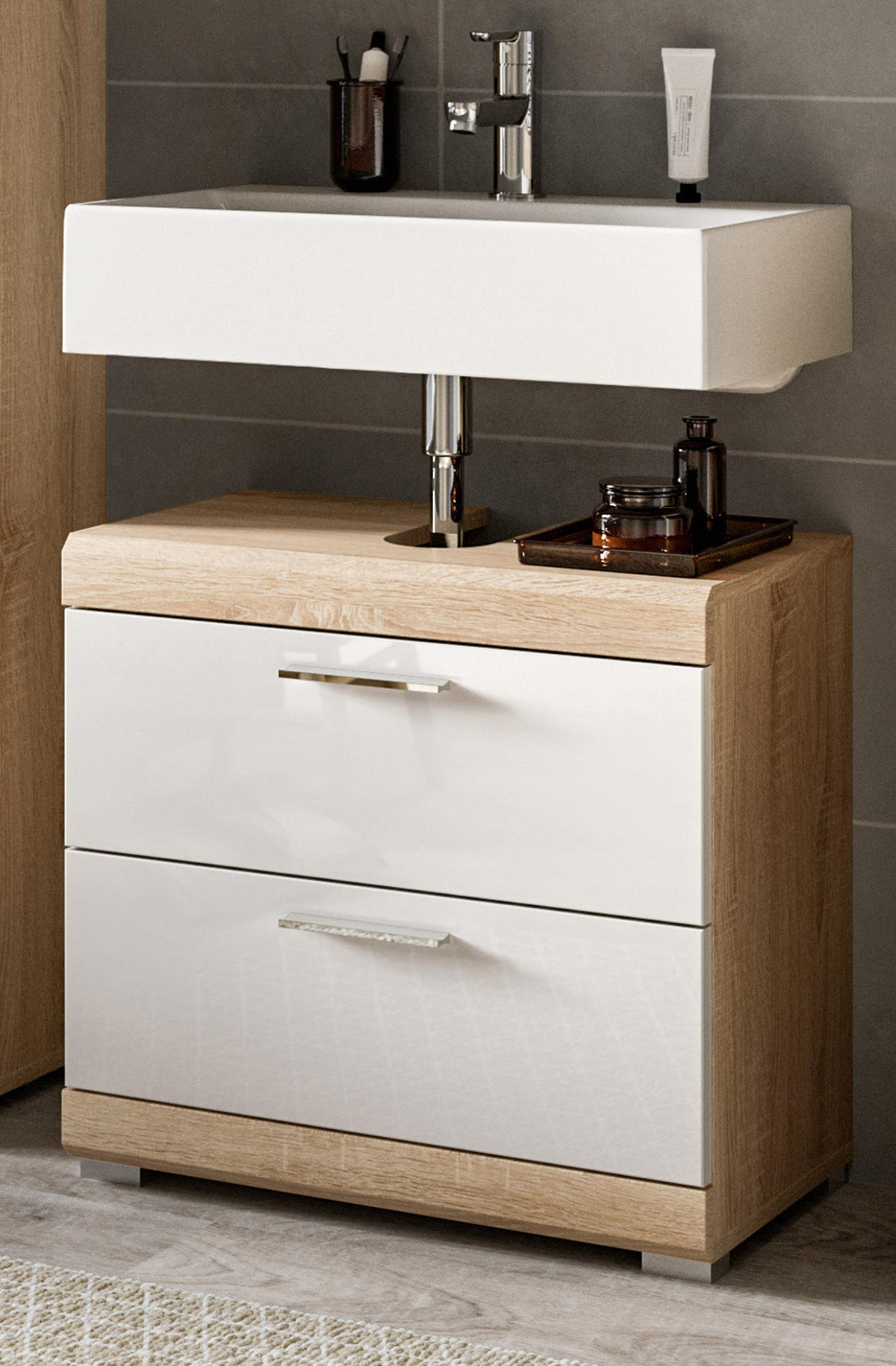 WASCHBECKENUNTERSCHRANK weiß Hochglanz, Eiche 60 cm mit Schubkästen - Weiß Hochglanz/Eichefarben, Holzwerkstoff/Kunststoff (60/56/37cm) - Inn.Furn