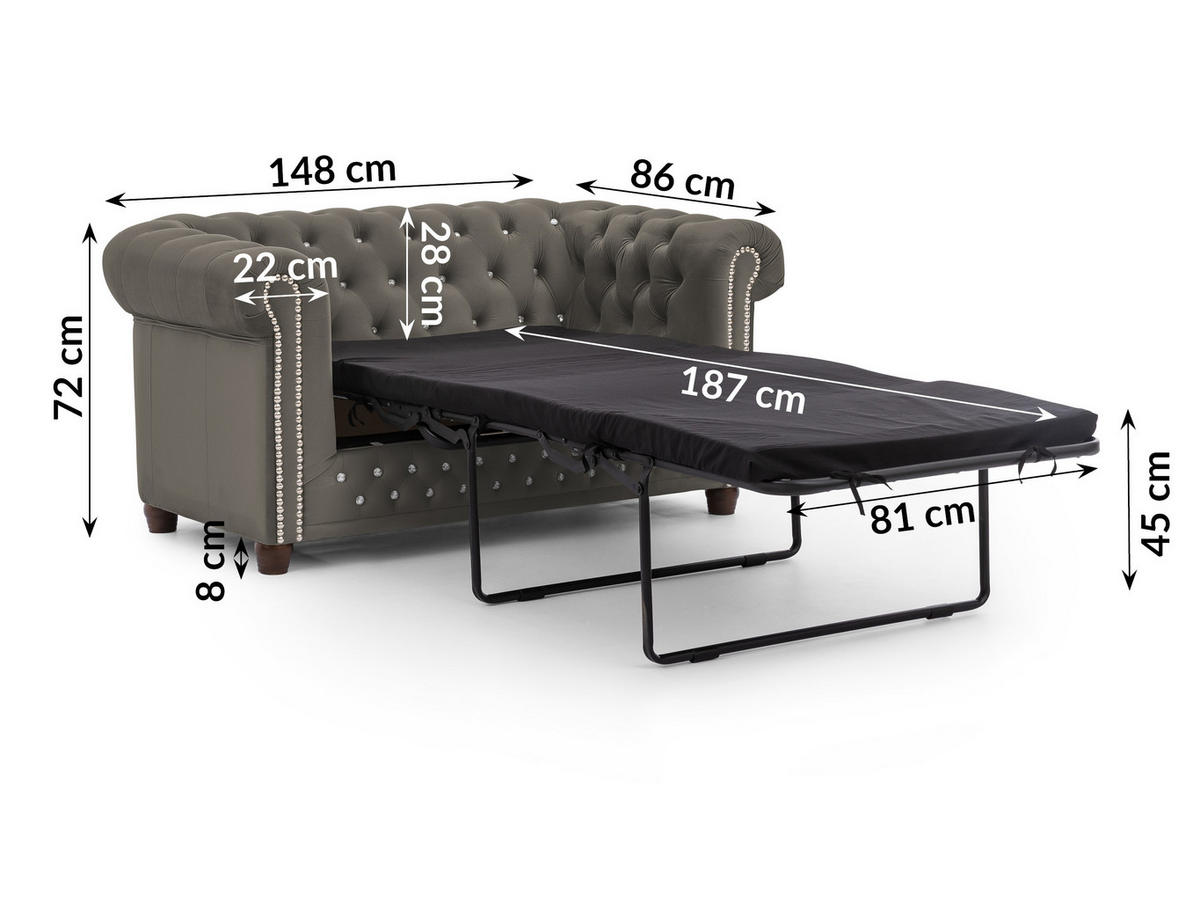 CHESTERFIELD-SOFA 2-Sitzer mit Schlaffunktion Cleo Blink Grau Samt mit Kristallsteppung und braunen Massivholzfüßen - Braun/Grau, Holz/Textil (148/72/86cm) - S-Style Möbel