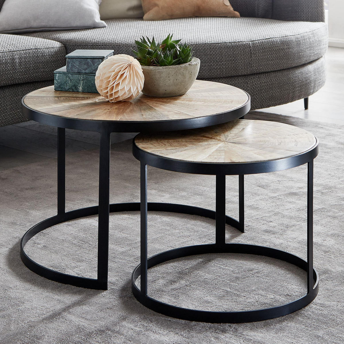 COUCHTISCH 2er Set Massivholz Metall Platzsparend Handgefertigt ESINO, Braun 60x60x40 cm - Schwarz/Braun, Holz/Metall (60/60/40cm) - KADIMA DESIGN