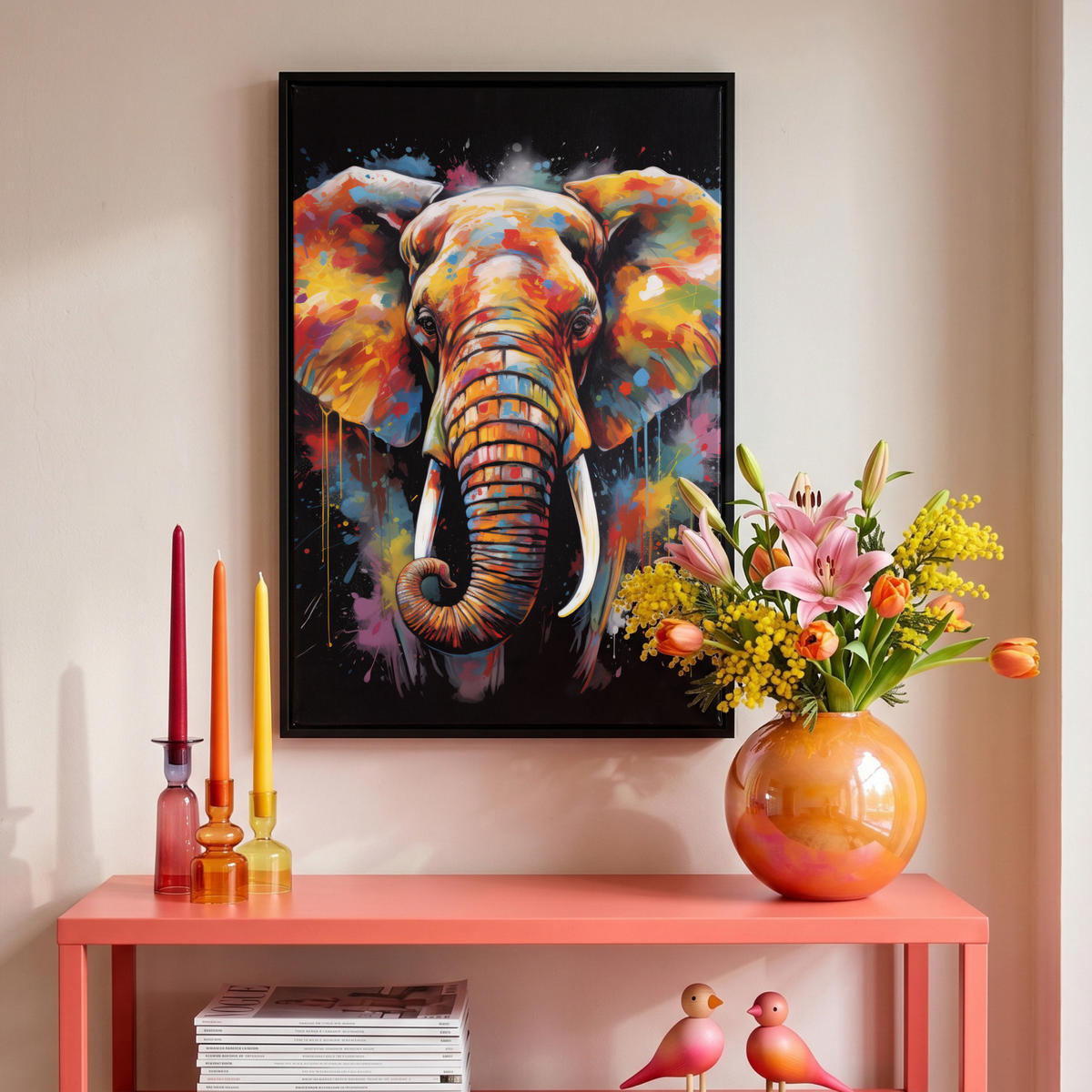 LEINWAND Bilder mit Rahmen - Elefant - Graffiti - Schwarz - Tiere - Farben - 40x60 - Schwarz, Textil (40/60cm) - MuchoWow