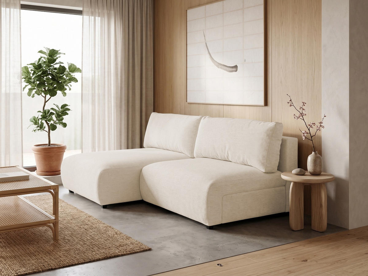 ECKSOFA Sora mit Schlaffunktion, Bettkasten und extra tiefer Komfortzone aus hochwertigem Hellbeige Strukturstoff - Beige/Schwarz, Holz/Kunststoff (140/200cm) - S-Style