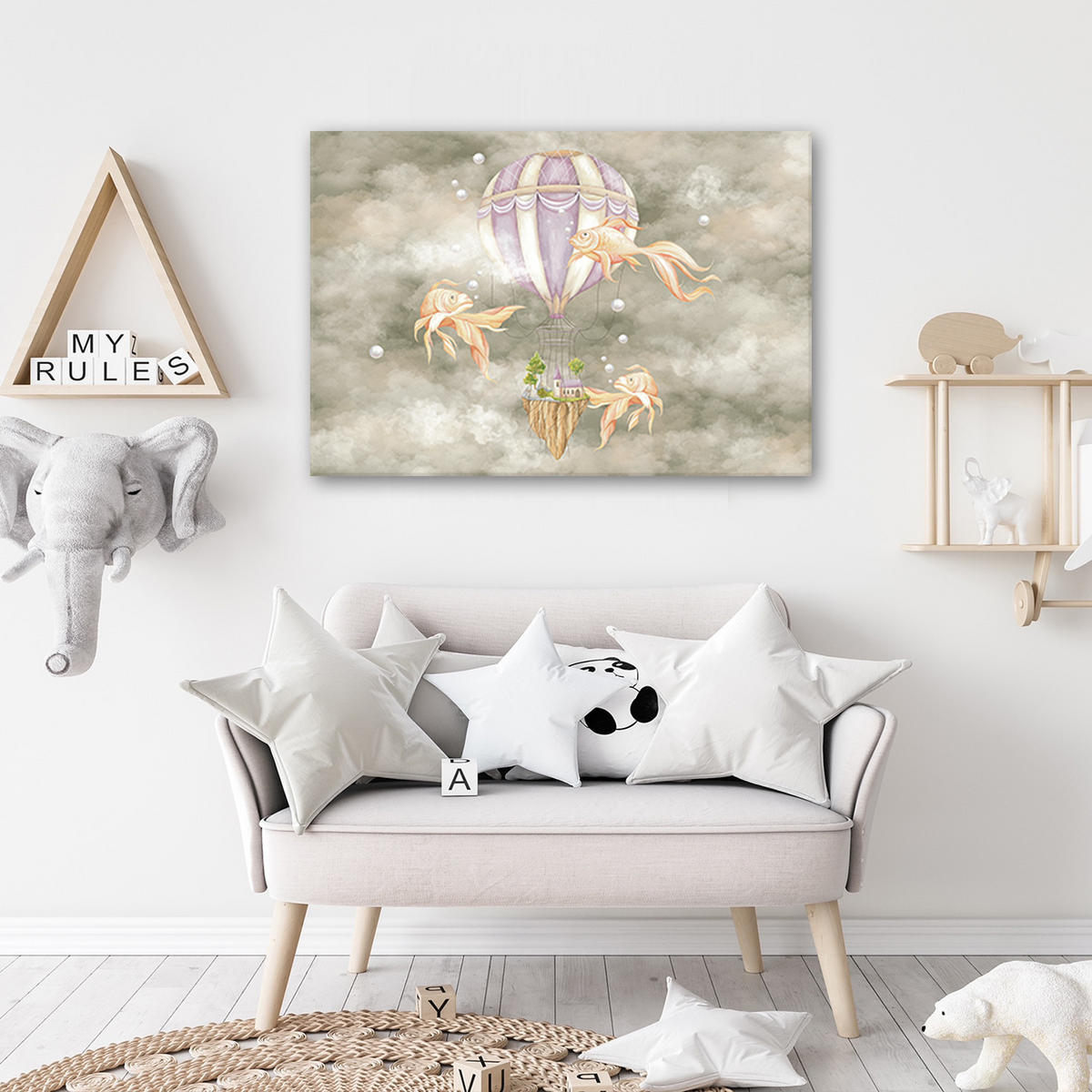 WANDBILD heißluftballon fliegendes haus und fisch - Pink, Textil (60/40cm) - Feeby