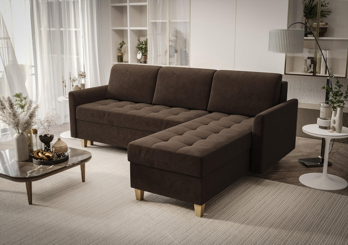 ECKSOFA KONGO RBN08, Eckcouch in L-Form mit Schlaffunktion, Farbe: Dunkelbraun, Velourstoff, Ottomane Rechts - Dunkelbraun, Textil (240/180cm) - O-Sofa