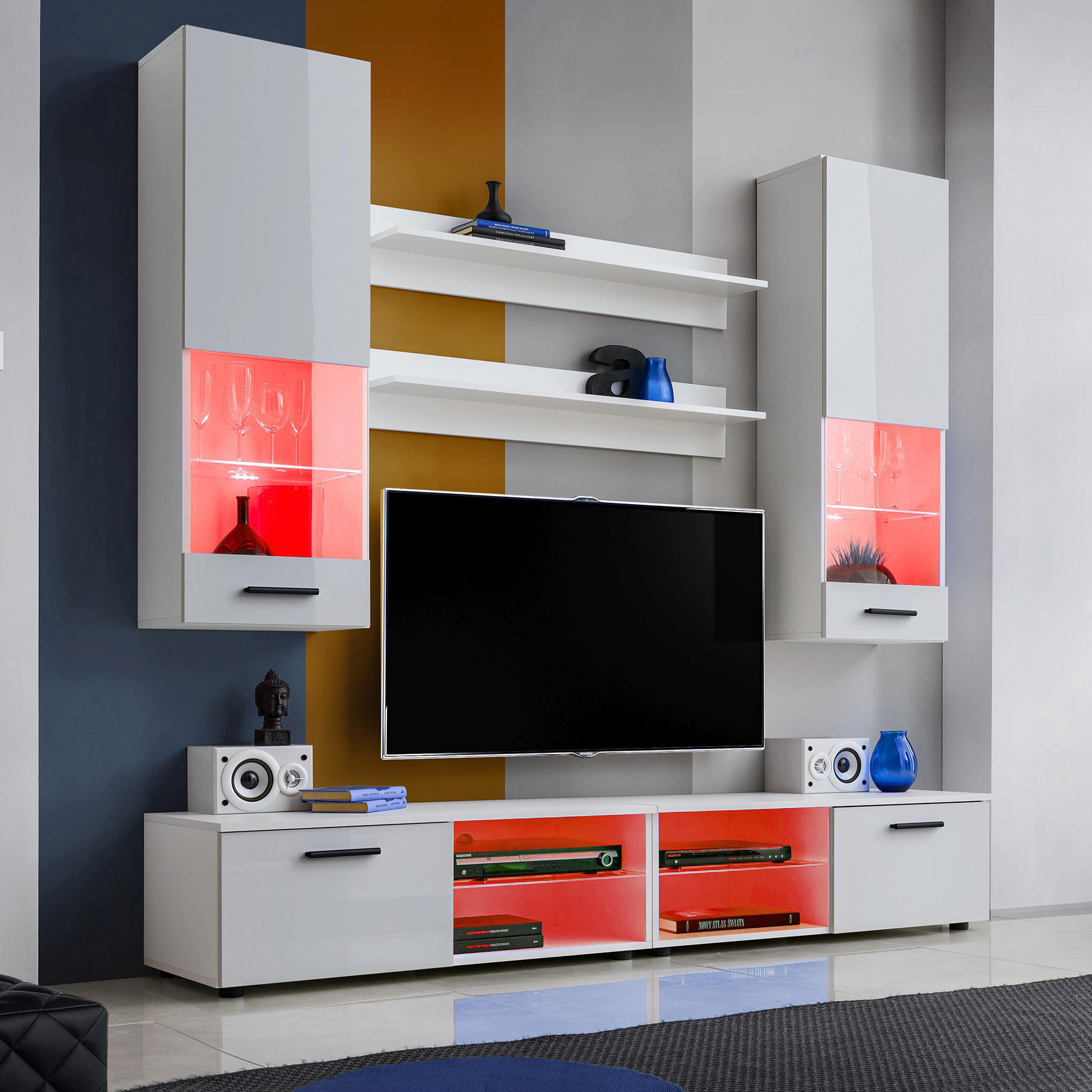 WOHNZIMMERSET VARALLO, 6er-Set, Weiß, Front Hochglanz Weiß , LED Mehrfarbige - Schwarz/Weiß, Glas/Holzwerkstoff (200/190/45cm) - Komodee