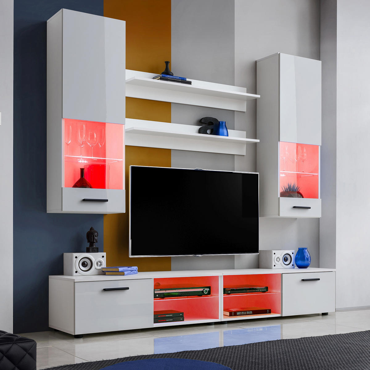 WOHNZIMMERSET VARALLO, 6er-Set, Weiß, Front Hochglanz Weiß , LED Mehrfarbige - Schwarz/Weiß, Glas/Holzwerkstoff (200/190/45cm) - Komodee