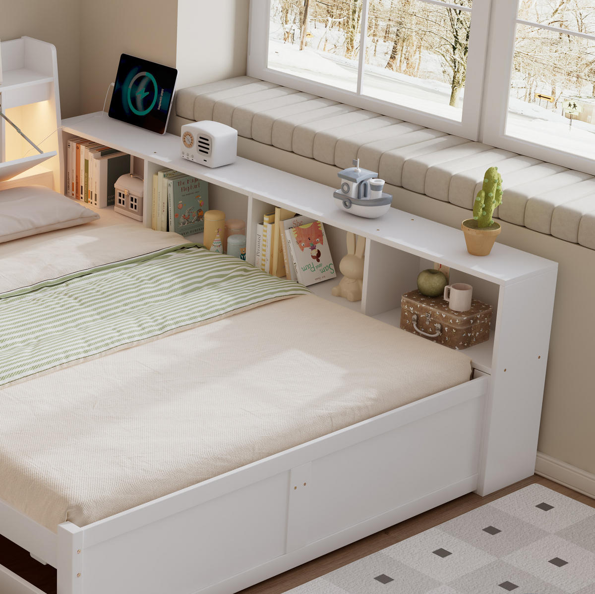 BETT 140/200 cm in Weiß mit Stauraum, Ladebuchse und 2 Leuchten - Weiß, Holz (140/200cm) - Flora Grace
