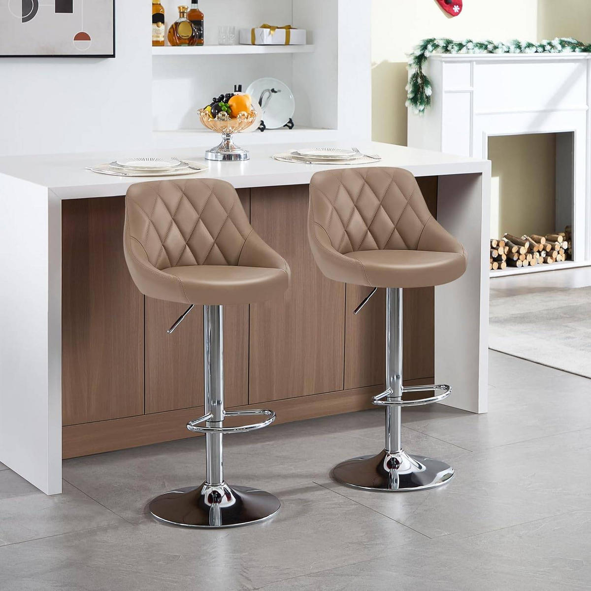 BARHOCKER 2er Set, Kunstleder,Höhenverstellbar, 360° Drehbar - Hellbraun, Metall (47/104/39cm) - Woltu