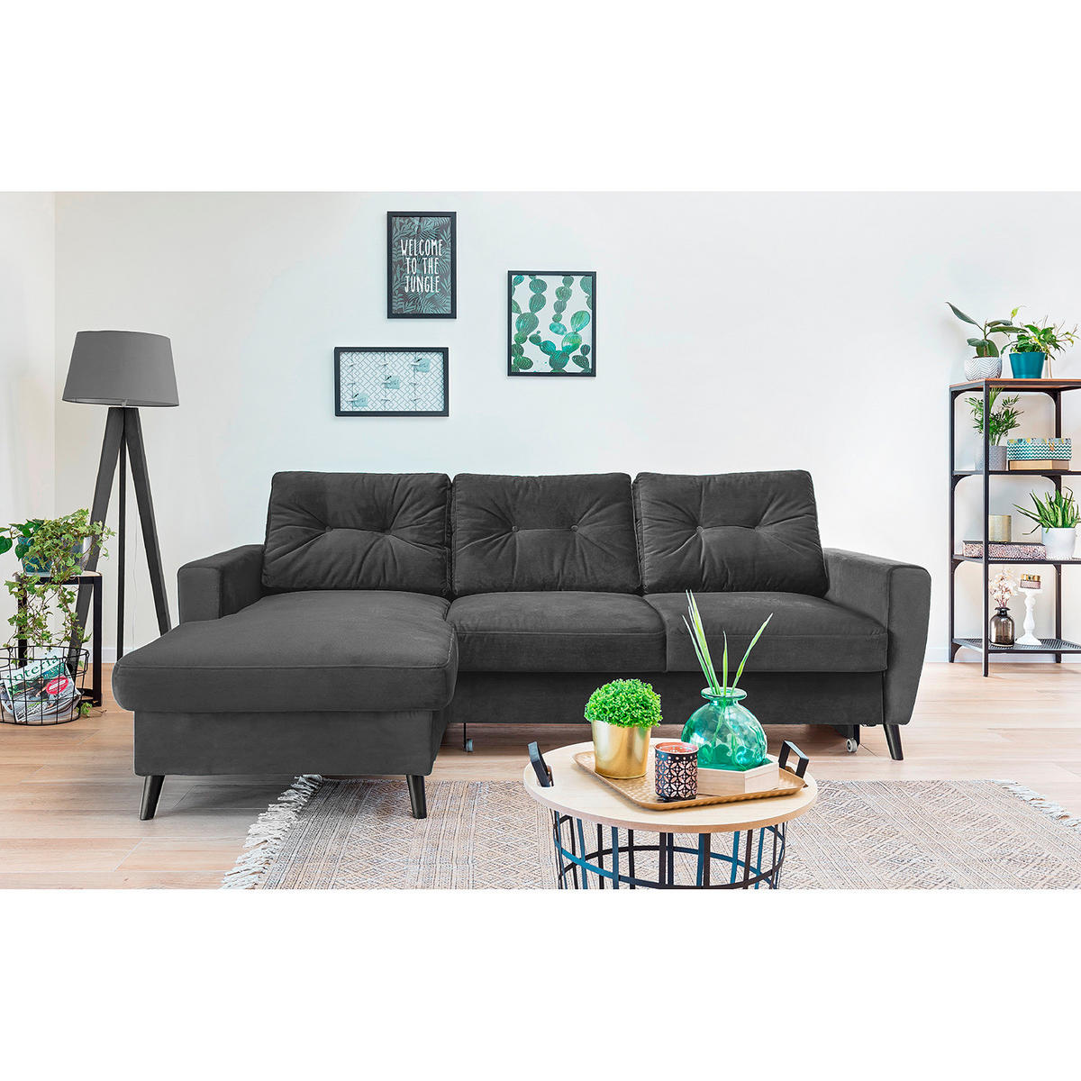 ECKSOFA mit Longchair - Dunkelgrau/Schwarz, Buchenholz/Textil (233/148cm) - home24