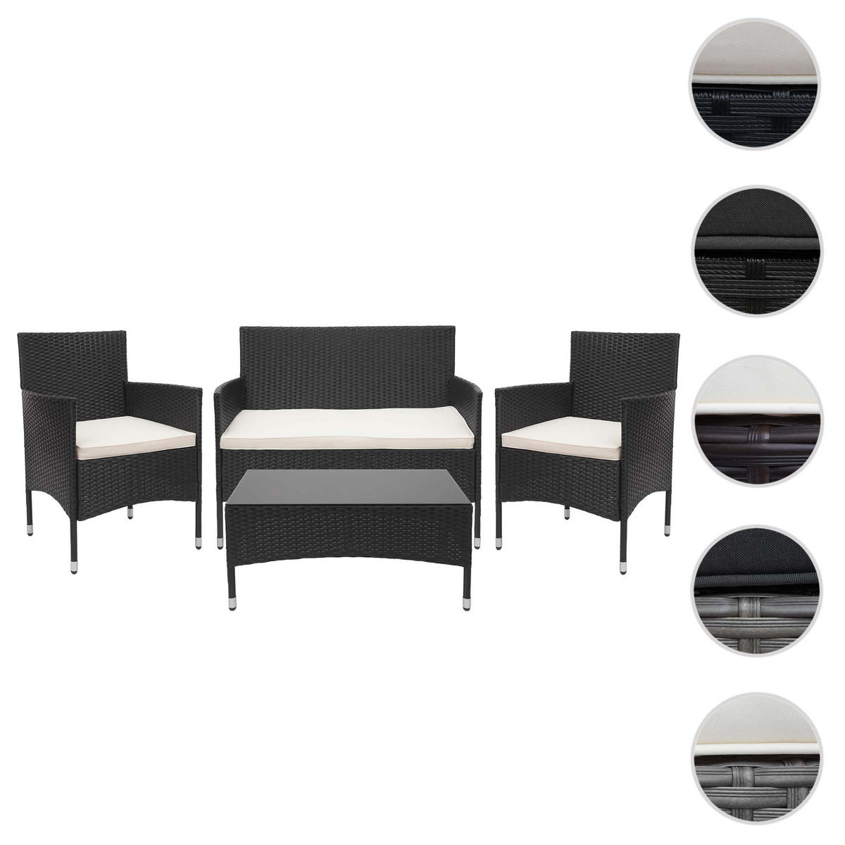 POLY-RATTAN GARNITUR Schwarz, Cremeweiß - Schwarz/Weiß, Kunststoff - MCW