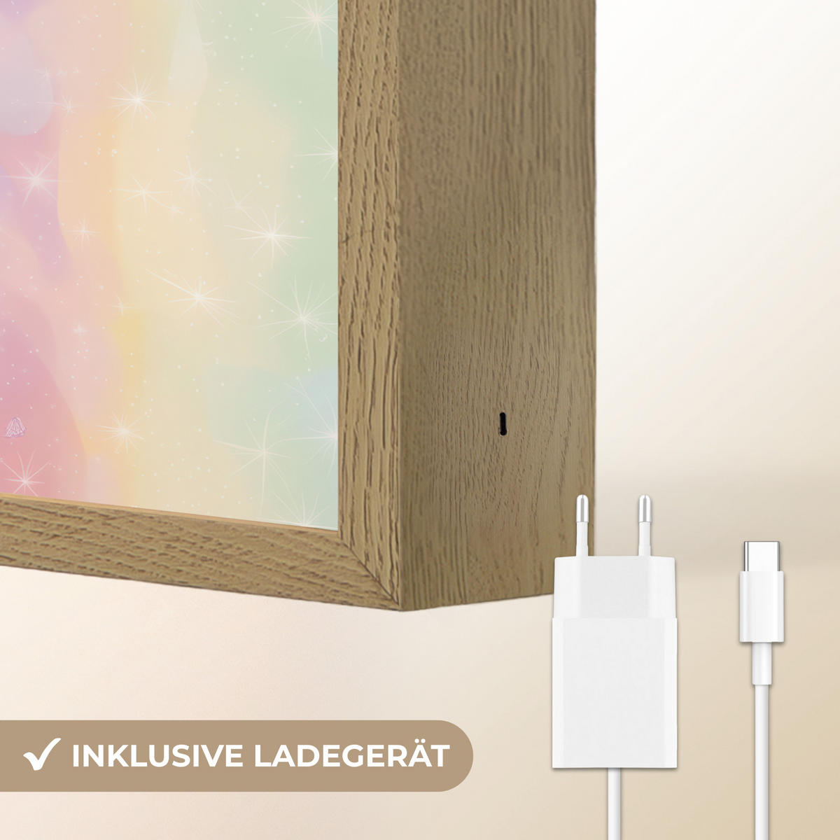 NÁSTĚNNÁ LAMPA S AKUMULÁTOREM Jednorožec - Třpytky - Duha - Pastelové barvy 40x30 cm - světle růžová, kompozitní dřevo (40/30/8cm) - OnlyWow