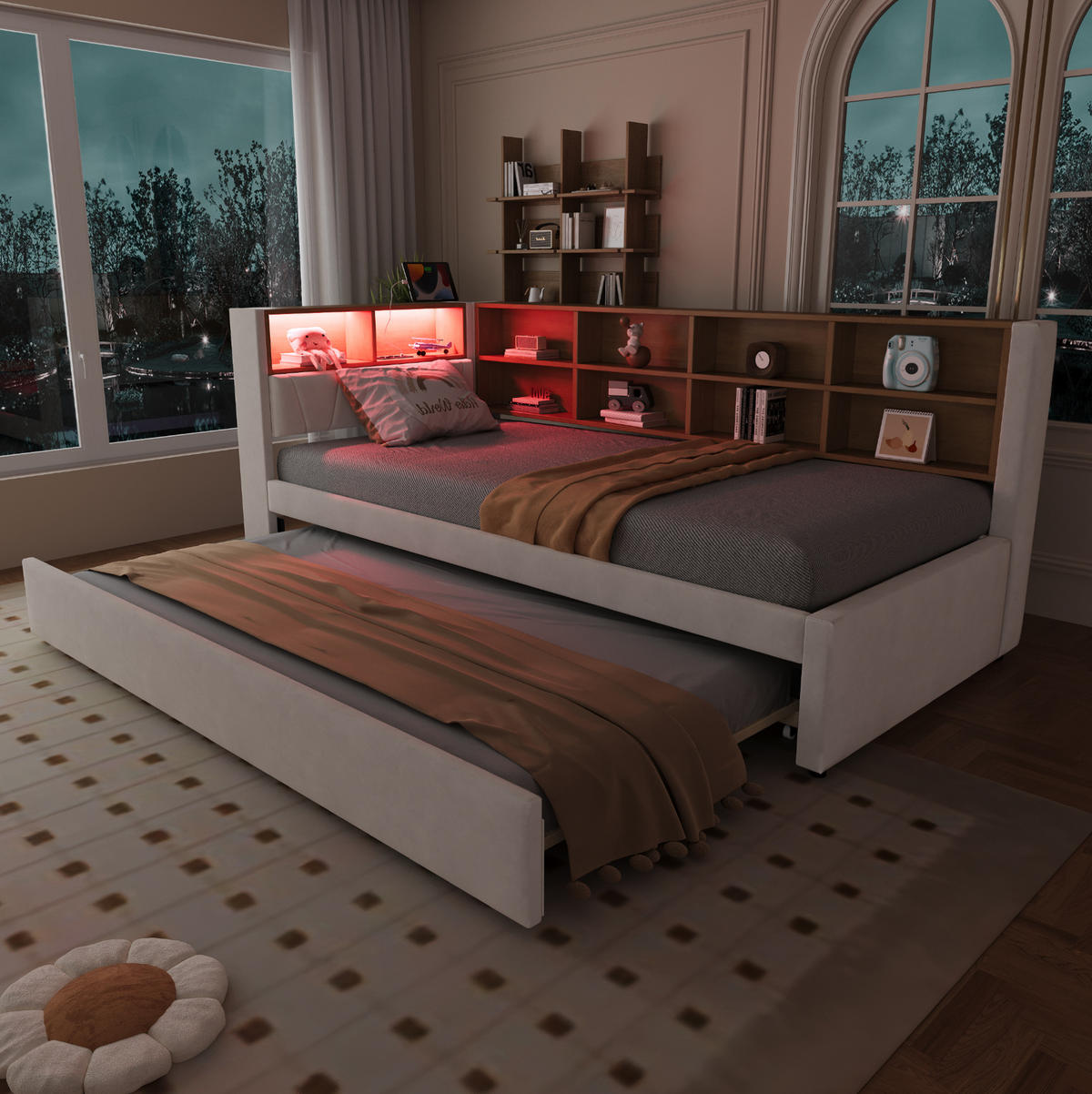 BETT 90/200 cm mit Ausziehbett 90/190 cm, LED-Beleuchtung, USB-C, Steckdose und Stauraum, Beige - Beige, Textil (90/200cm) - Redom