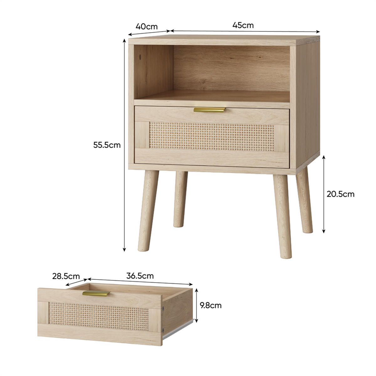 NACHTTISCH mit offenem Regal und 1 Schublade - Nachttisch aus Rattan mit Goldgriff - 45 x 40 x 55 cm - Eichefarben, Holzwerkstoff (45/55.5/40cm) - DELFA