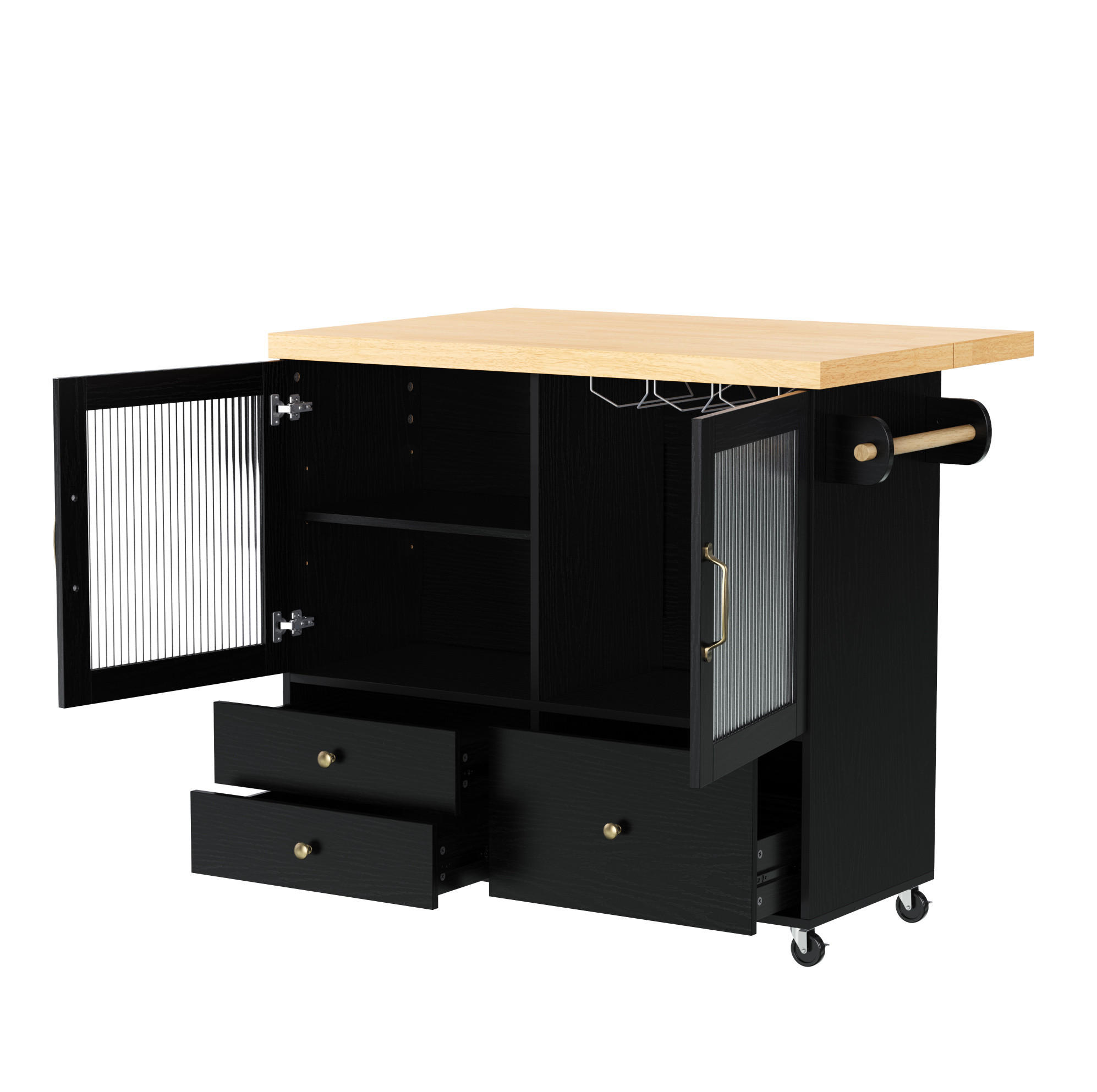 KUCHYŇSKÝ ostrůvek z MDF 100x70x91,5 cm černá/přírodní na kolečkách s výklopnou deskou a úložným prostorem - černá, kompozitní dřevo (100/91.5/70cm) - Modfu