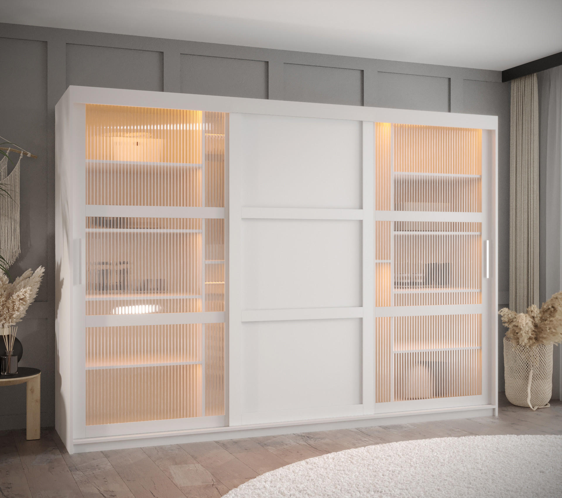 SCHWEBETÜRENSCHRANK 200/250/62 3-türig - Silberfarben/Weiß, Holz/Kunststoff (250/200/62cm) - Abiks Möbel