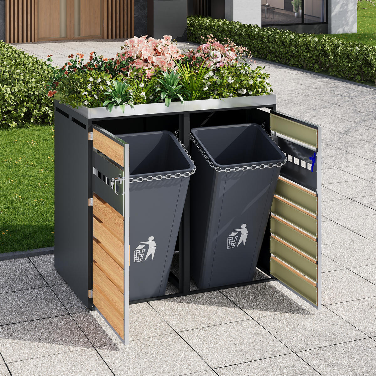 MÜLLTONNENBOX 2 Türen Pflanzfläche Belüftung - Grau, Metall (132/124.5/80cm) - LEBENLANG