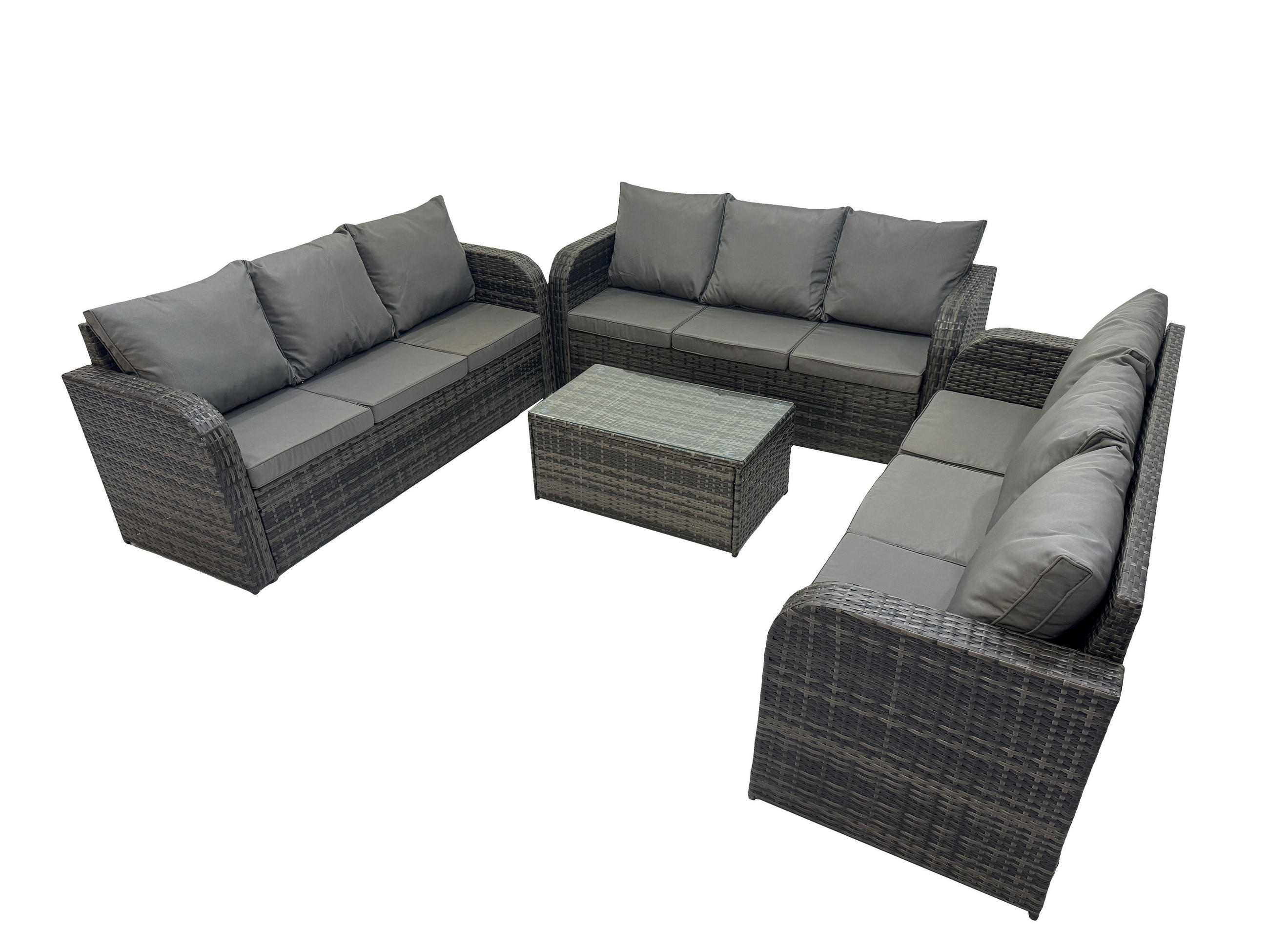 GARTENMÖBELGARNITUR mit KISSEN Polyrattan Dunkelgrau 9-Sitzer - Dunkelgrau/Grau, Glas/Kunststoff - Fimous